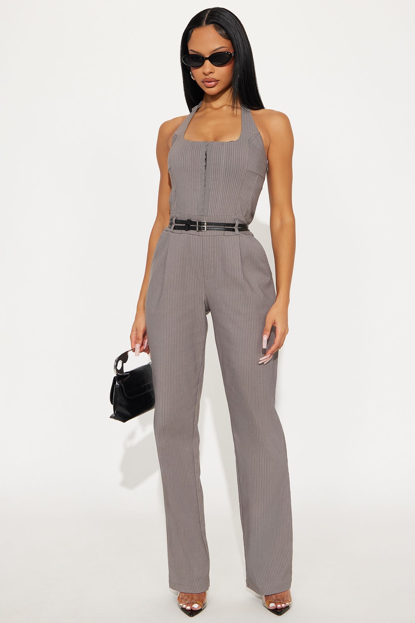Talia Halter Pinstripe Belted Jumpsuit - Charcoal