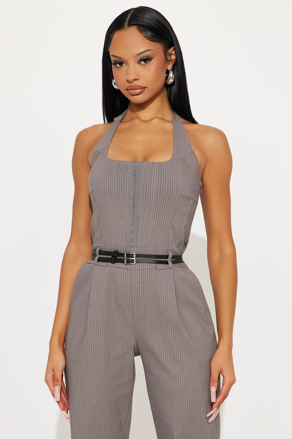 Talia Halter Pinstripe Belted Jumpsuit - Charcoal