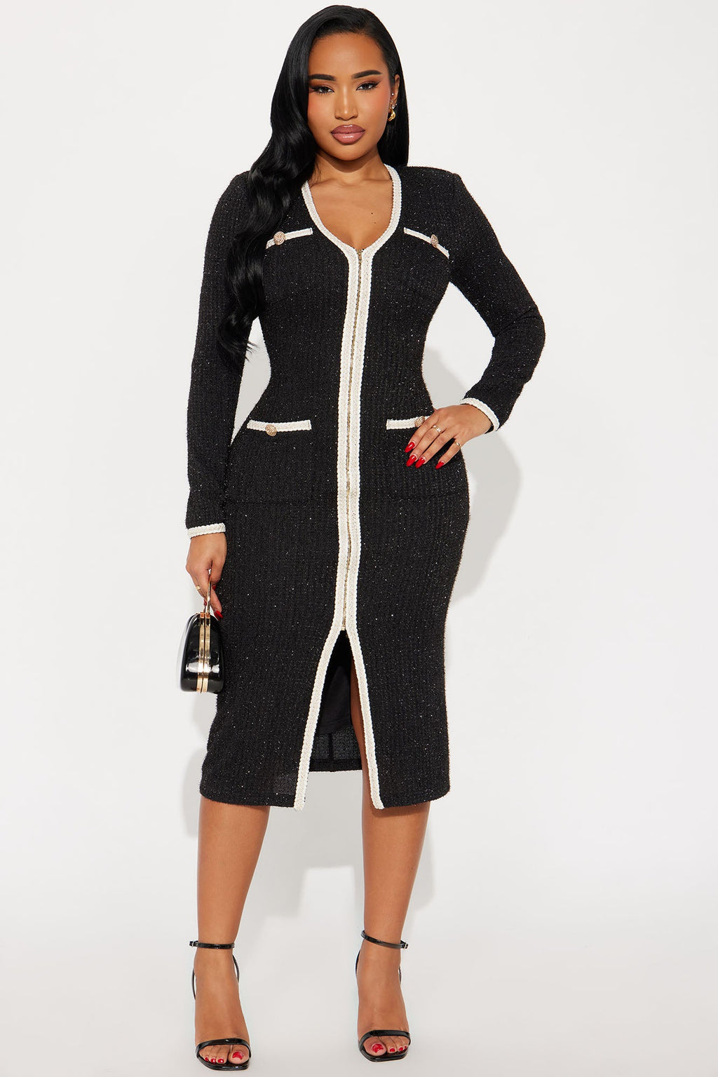 Casey Tweed Midi Dress - Black/combo