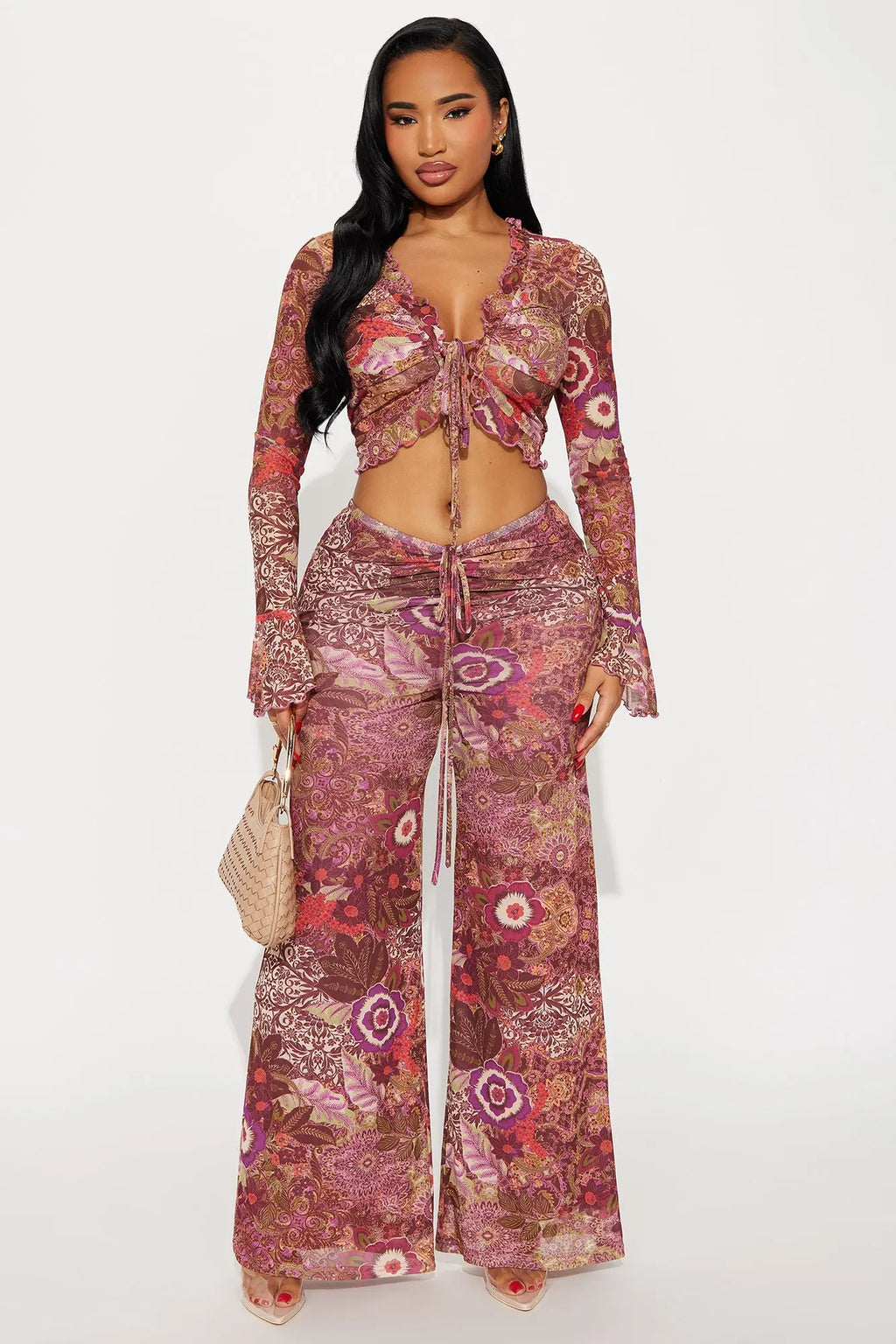 Felicity Floral Tie Front Pant Set - Purple/combo 