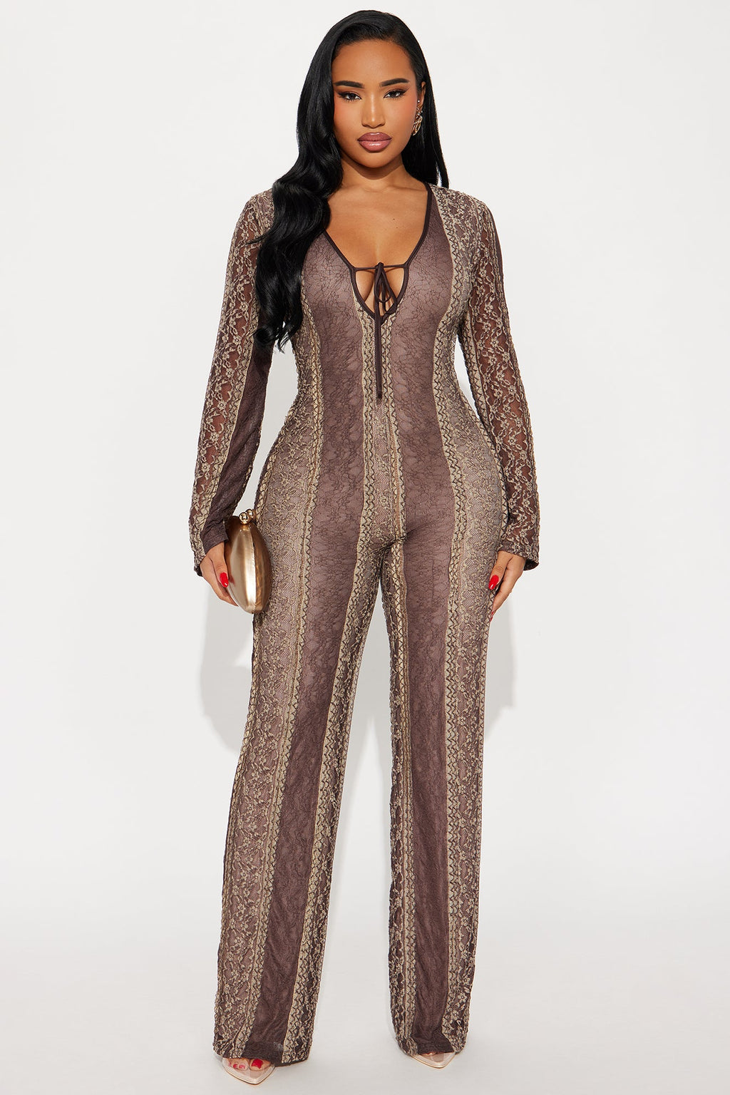 Jasleen Lace Wide Leg Jumpsuit - Brown Combo