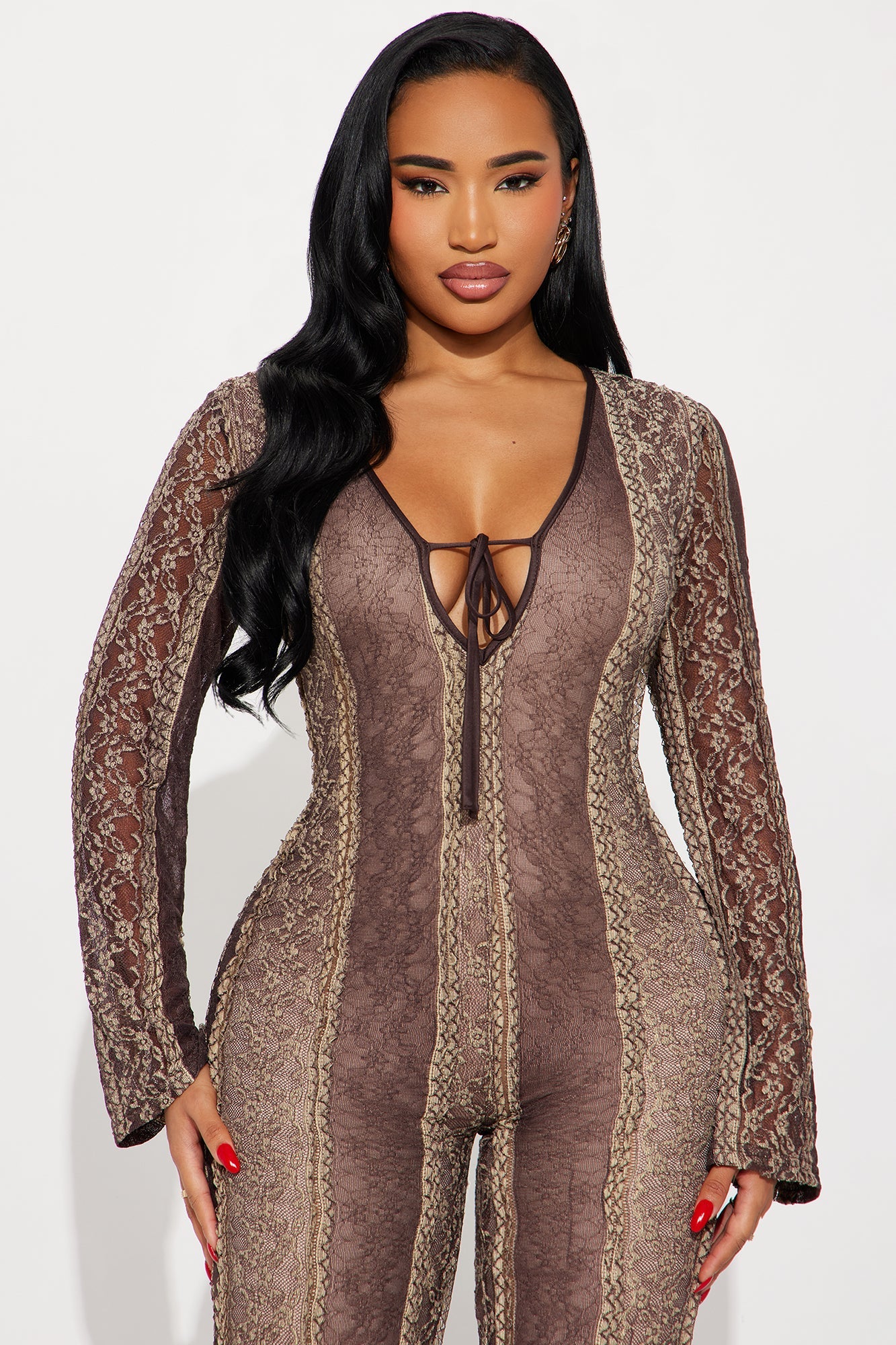 Jasleen Lace Wide Leg Jumpsuit - Brown Combo