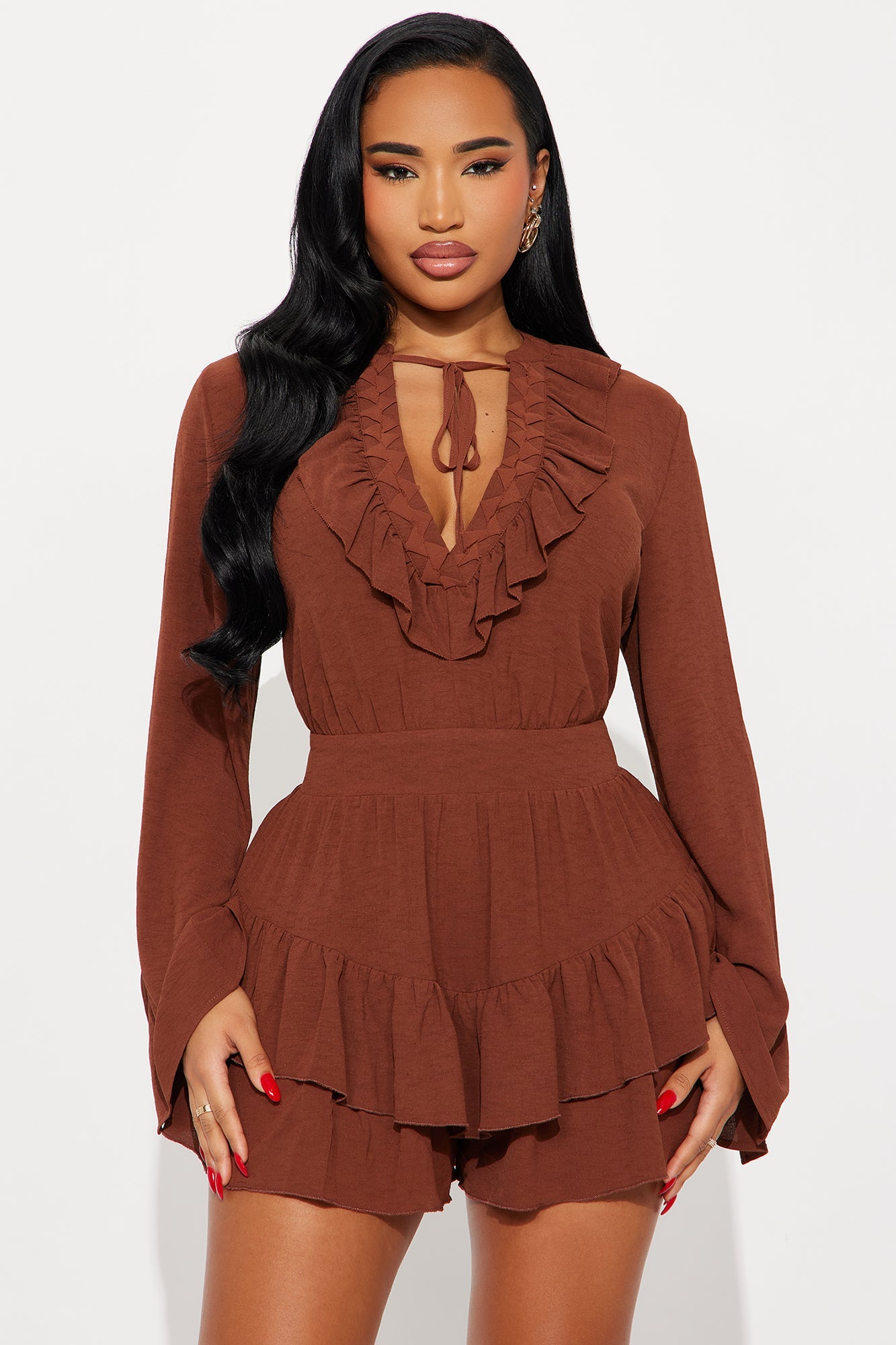 So Sweet Lace Up Ruffle Romper - Chocolate