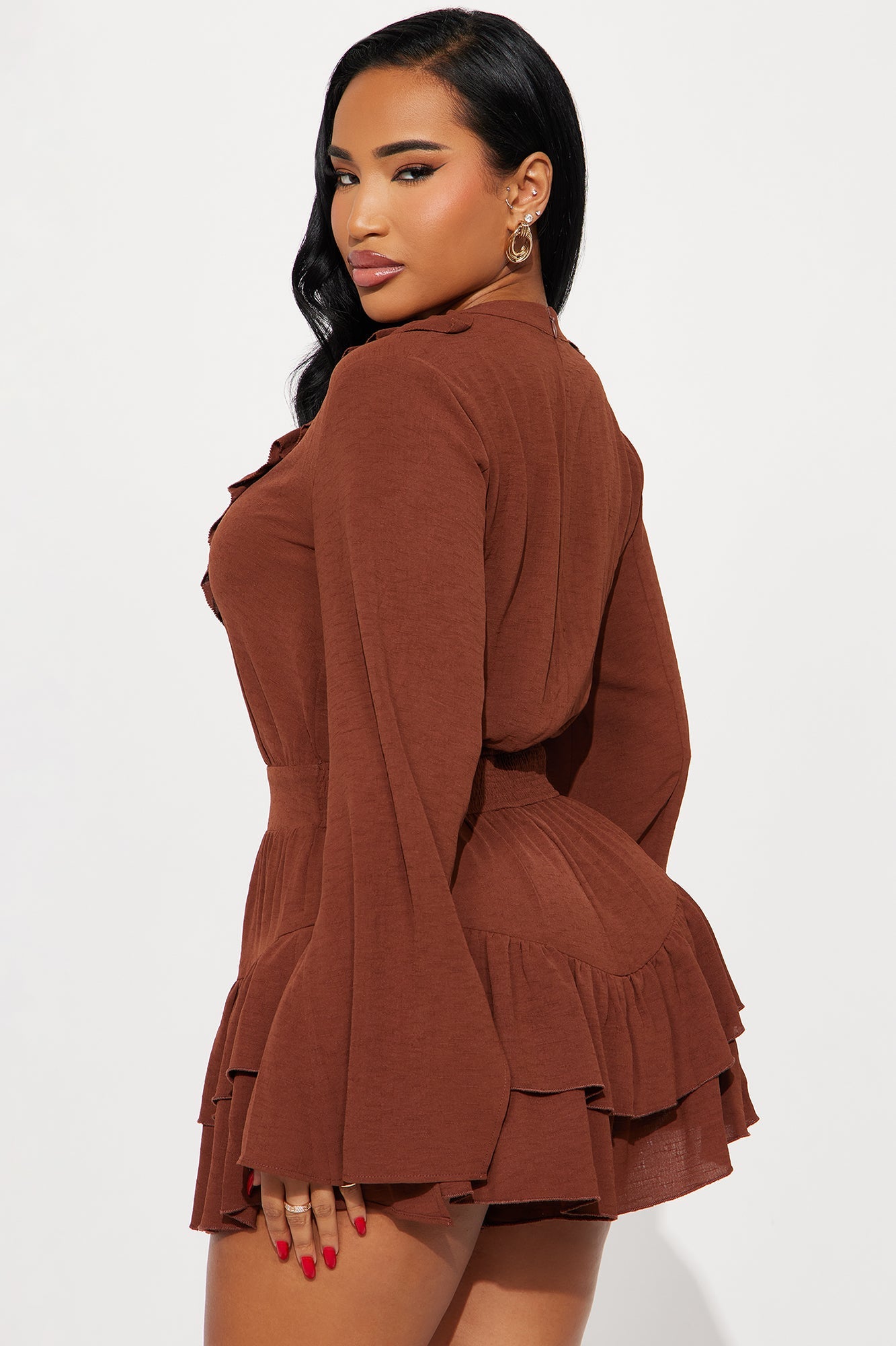 So Sweet Lace Up Ruffle Romper - Chocolate