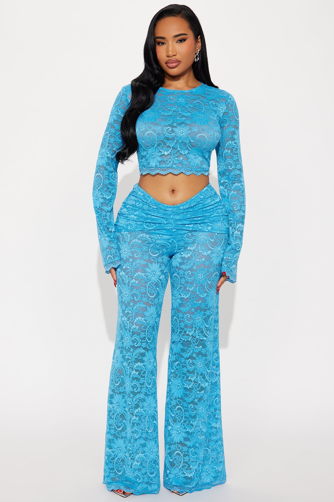 Take A Peak Low Rise Lace Pant Set - Blue