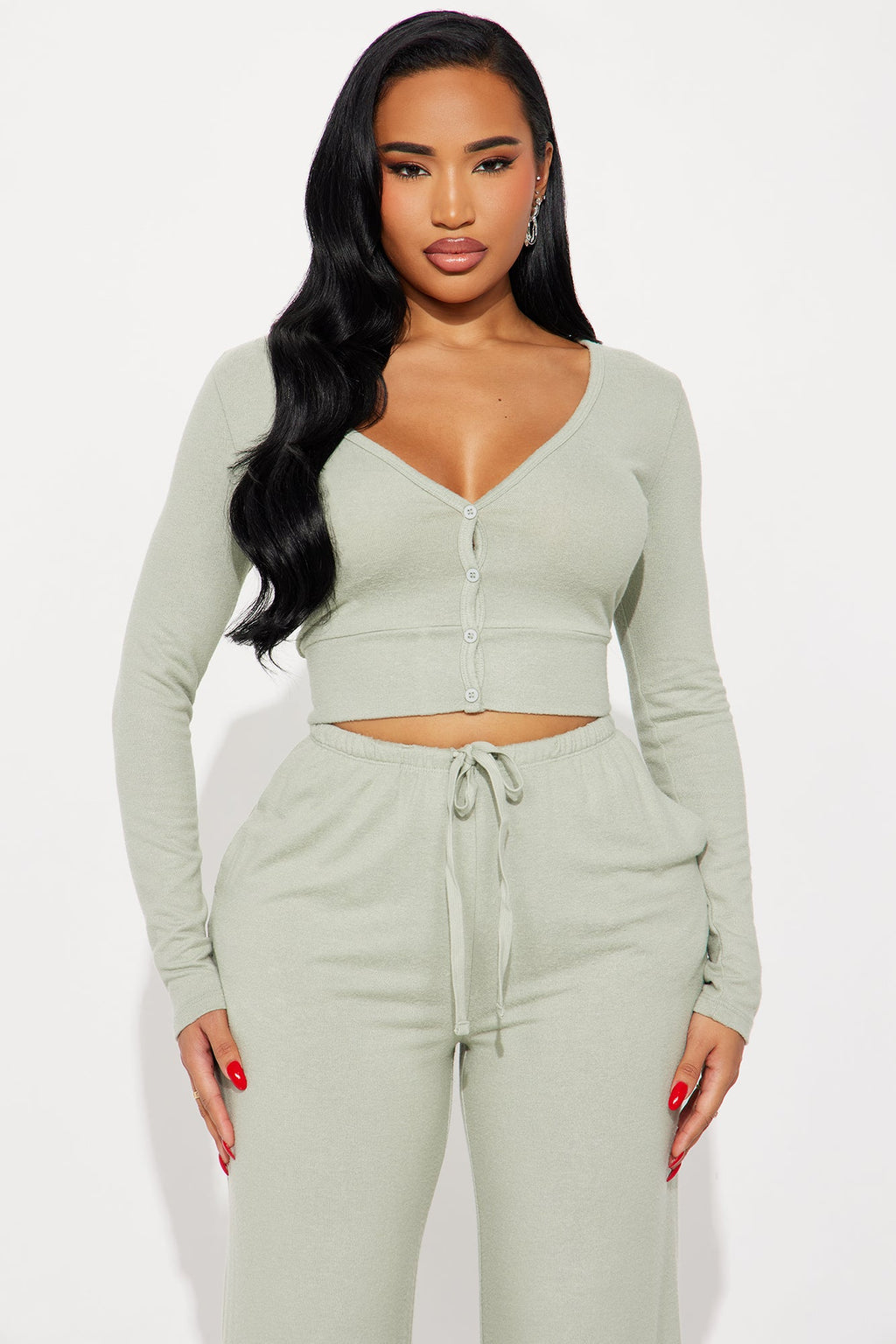 That Girl Matching Cropped Cardigan Pant Set - Sage