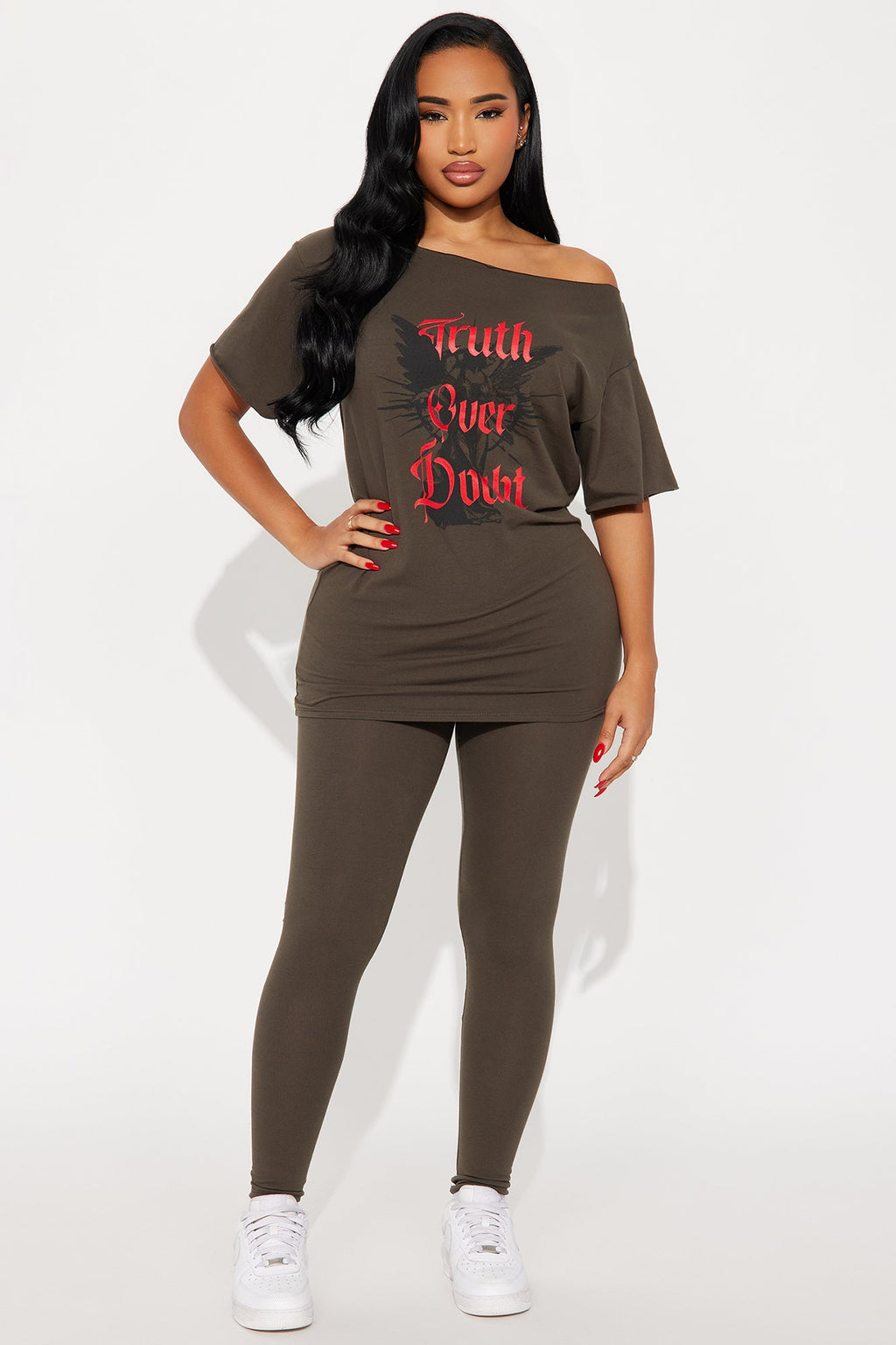 Truth Over Doubt Off Shoulder Legging Set - Olive