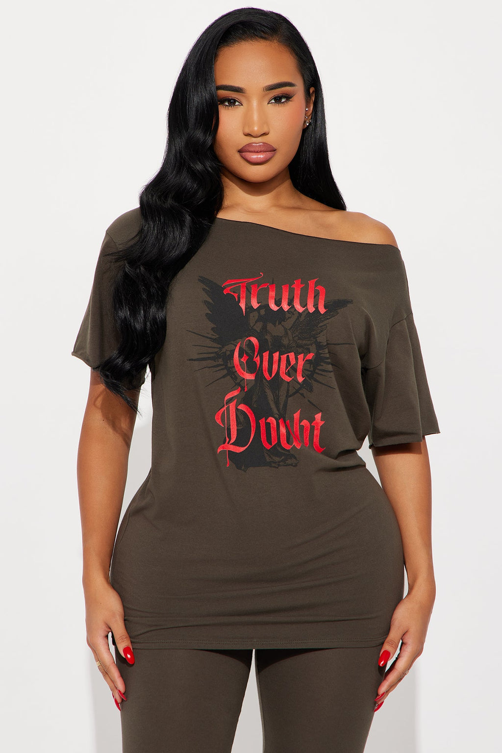 Truth Over Doubt Off Shoulder Legging Set - Olive
