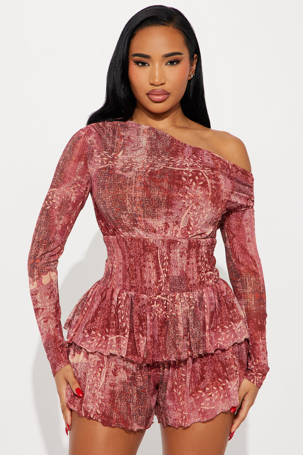 Free Spirit Long Sleeve Mesh Romper - Rust/combo