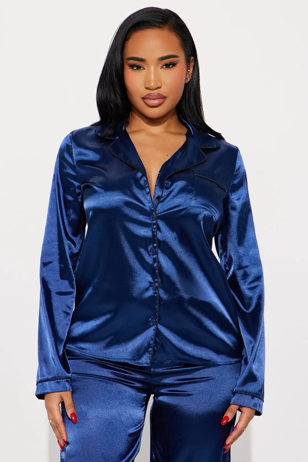 Bedtime Stretch Satin Long Sleeve PJ Pant Set - Navy 