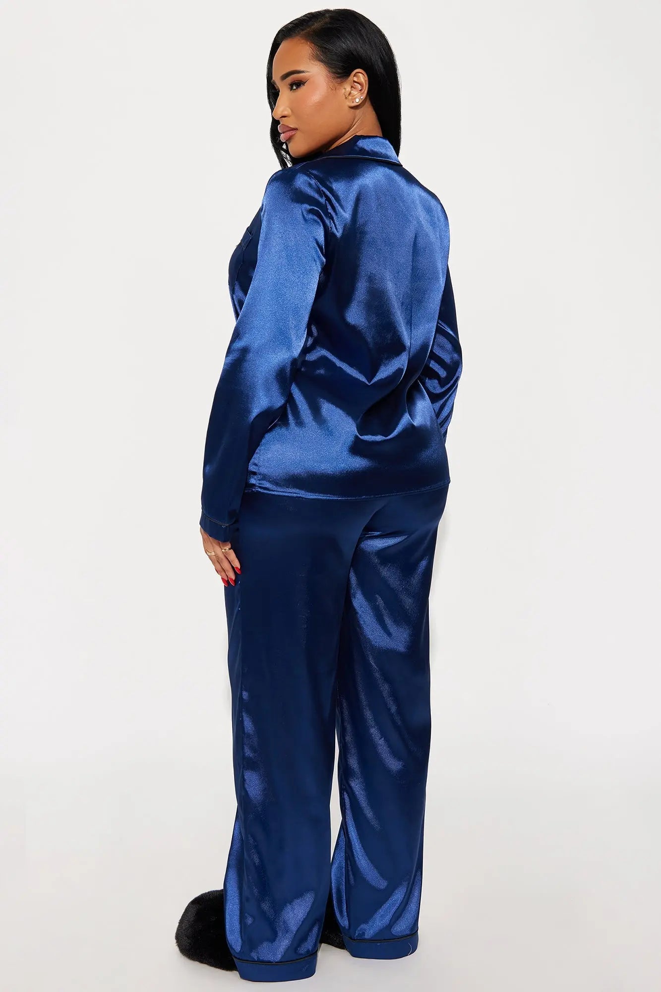 Bedtime Stretch Satin Long Sleeve PJ Pant Set - Navy 