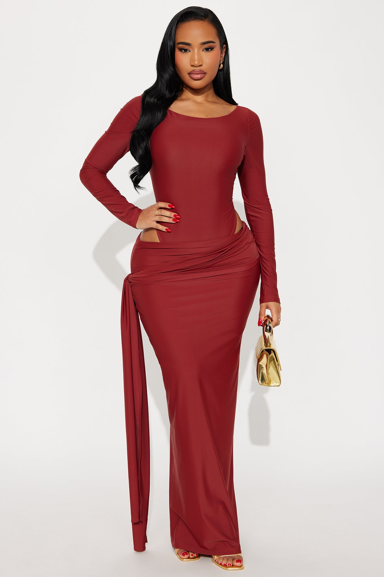Romena Bodysuit Maxi Skirt Set - Brick Red