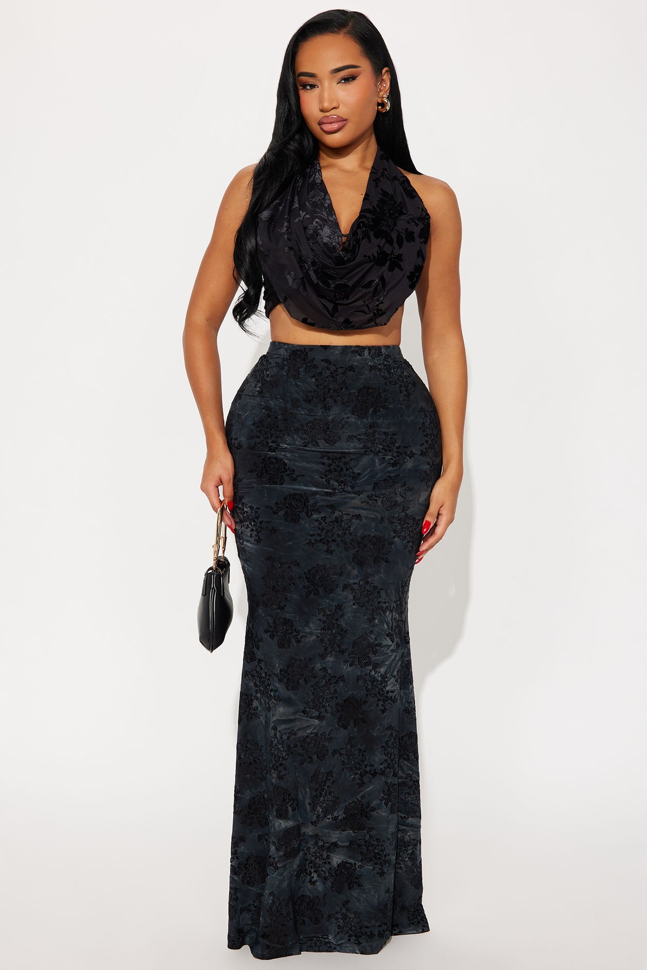 Winter Romance Flocked Velvet Floral Maxi Skirt - Teal