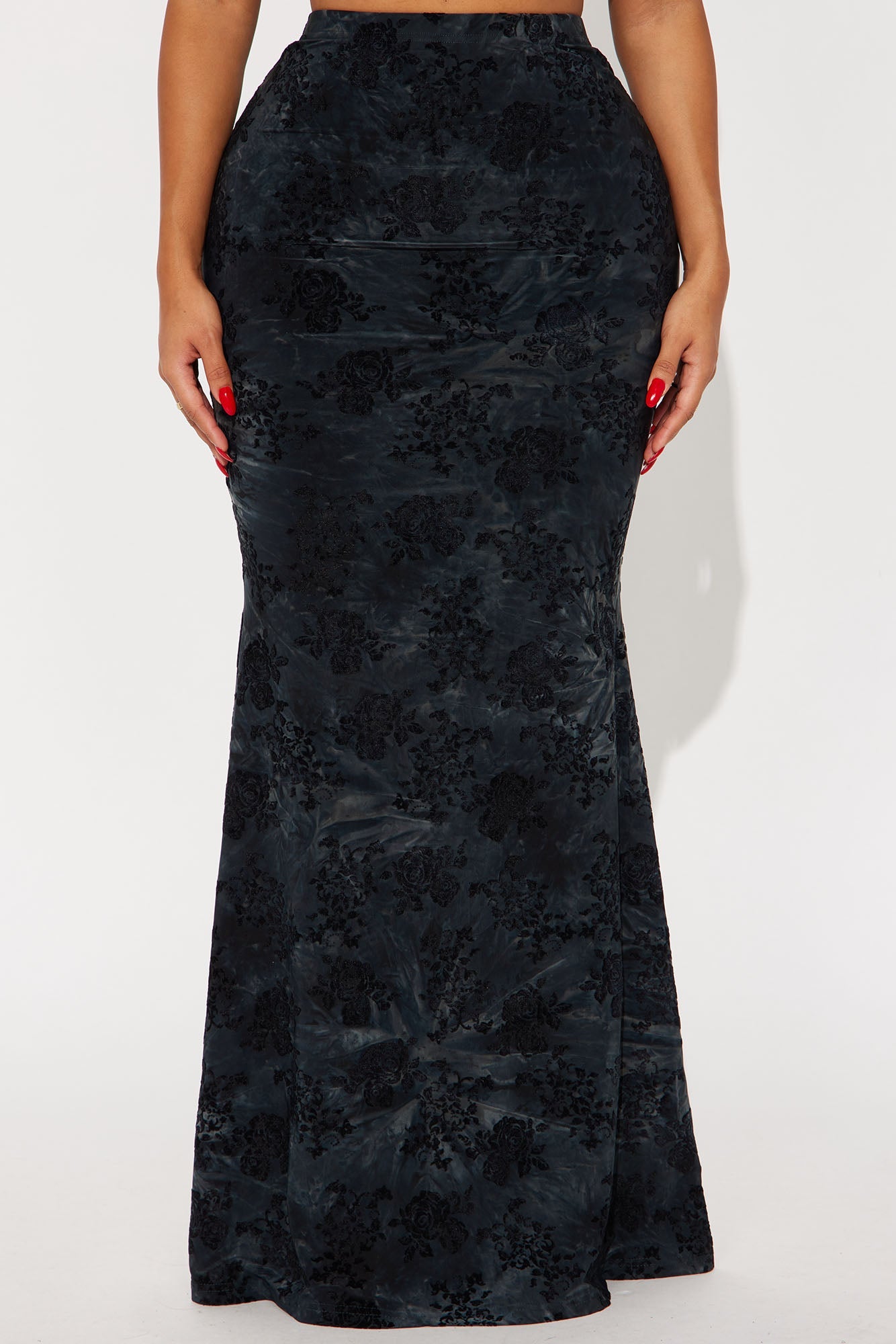 Winter Romance Flocked Velvet Floral Maxi Skirt - Teal