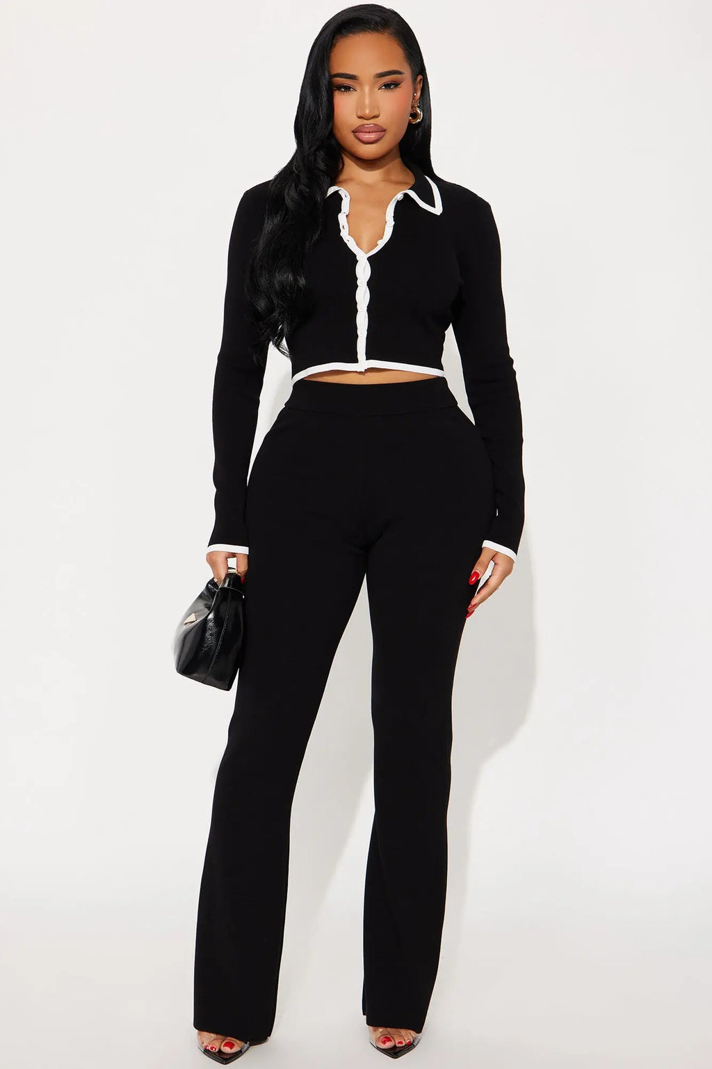 Contrast Edge Sweater Pant Set - Black 