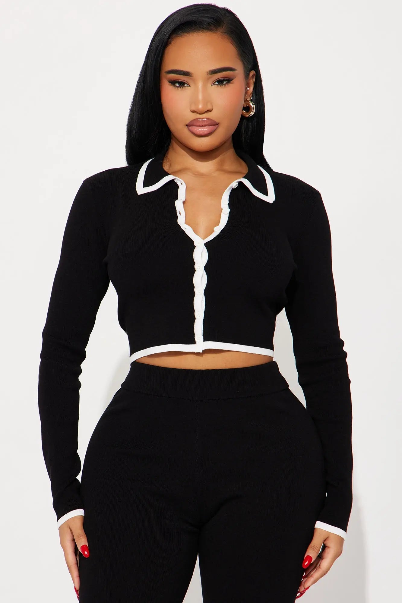 Contrast Edge Sweater Pant Set - Black 