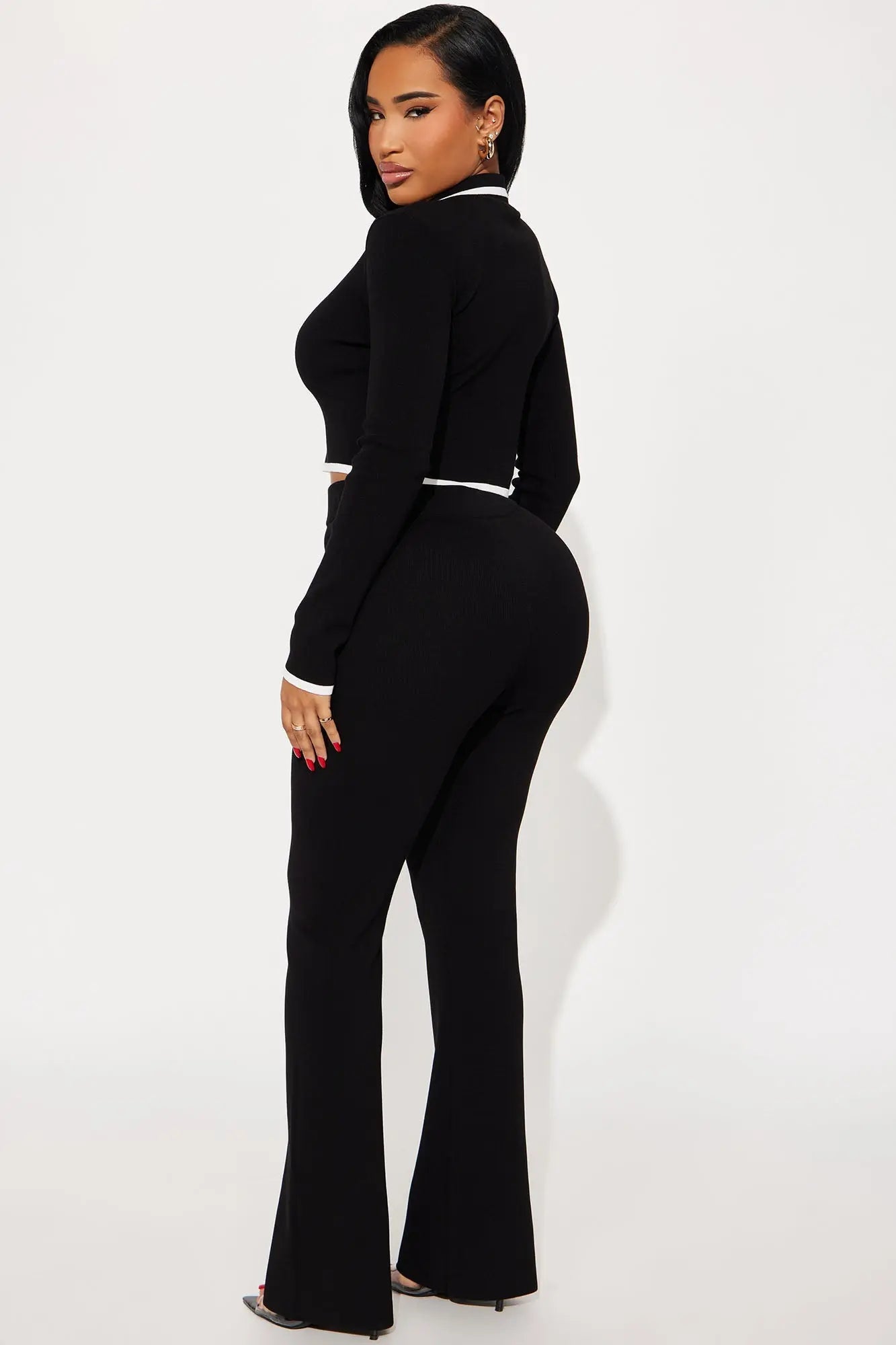 Contrast Edge Sweater Pant Set - Black 