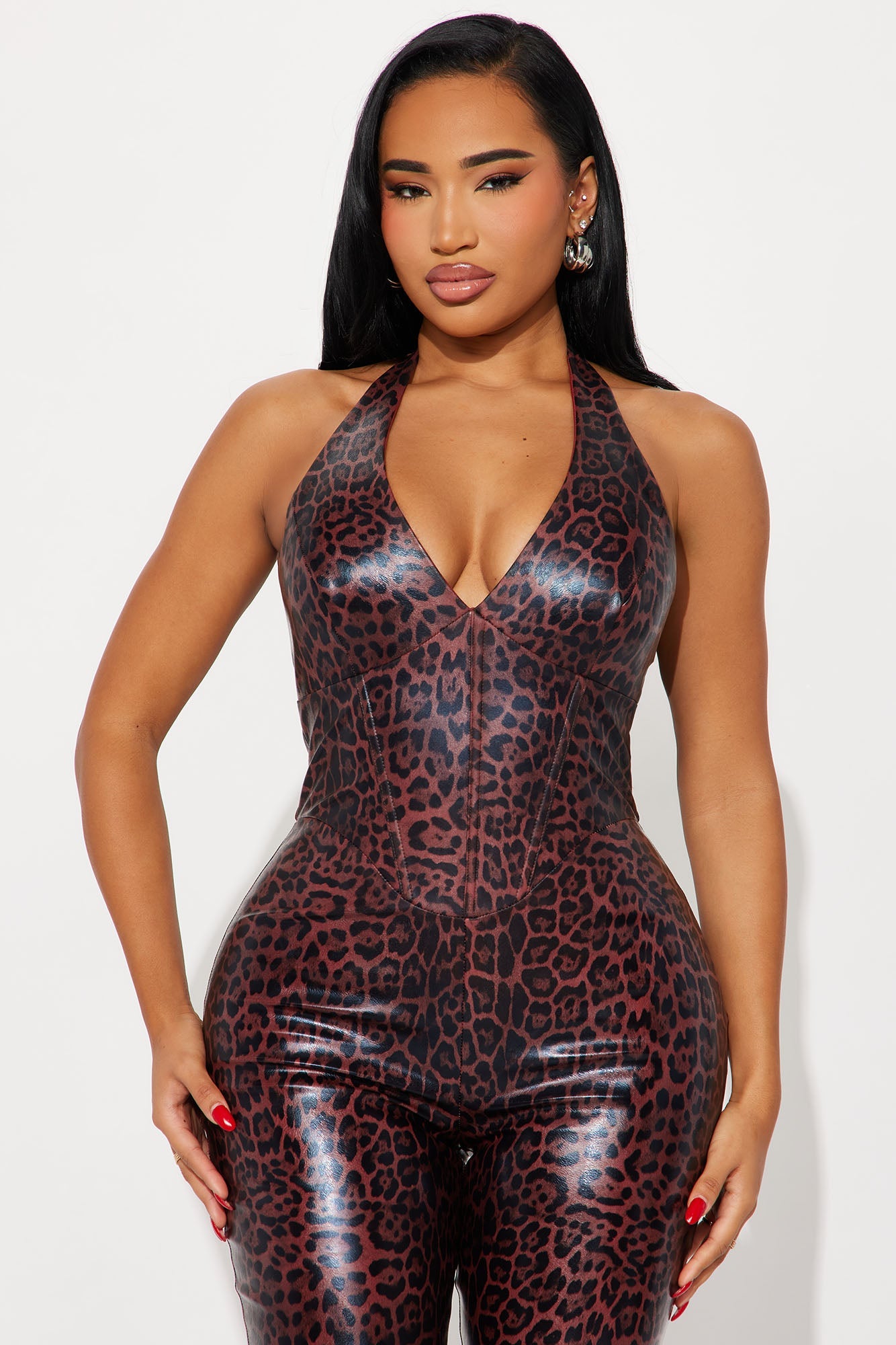 Julissa Leopard Faux Leather Jumpsuit - Rust