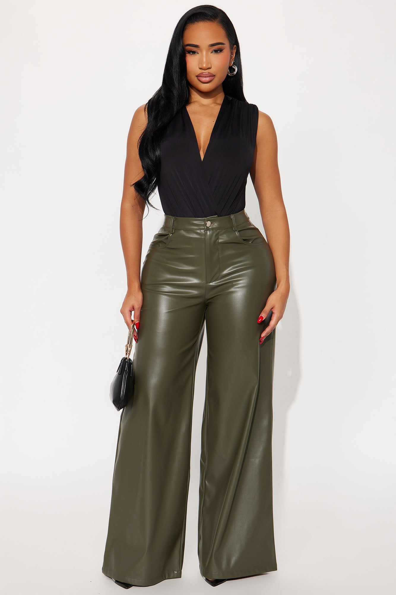 Just For Now Faux Leather Wide Leg Pant 33 - Olive