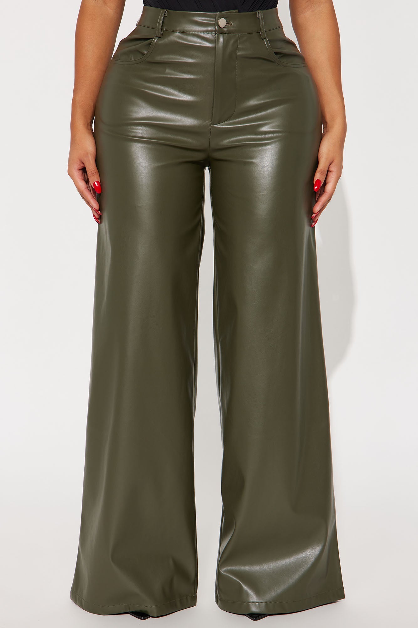 Just For Now Faux Leather Wide Leg Pant 33 - Olive