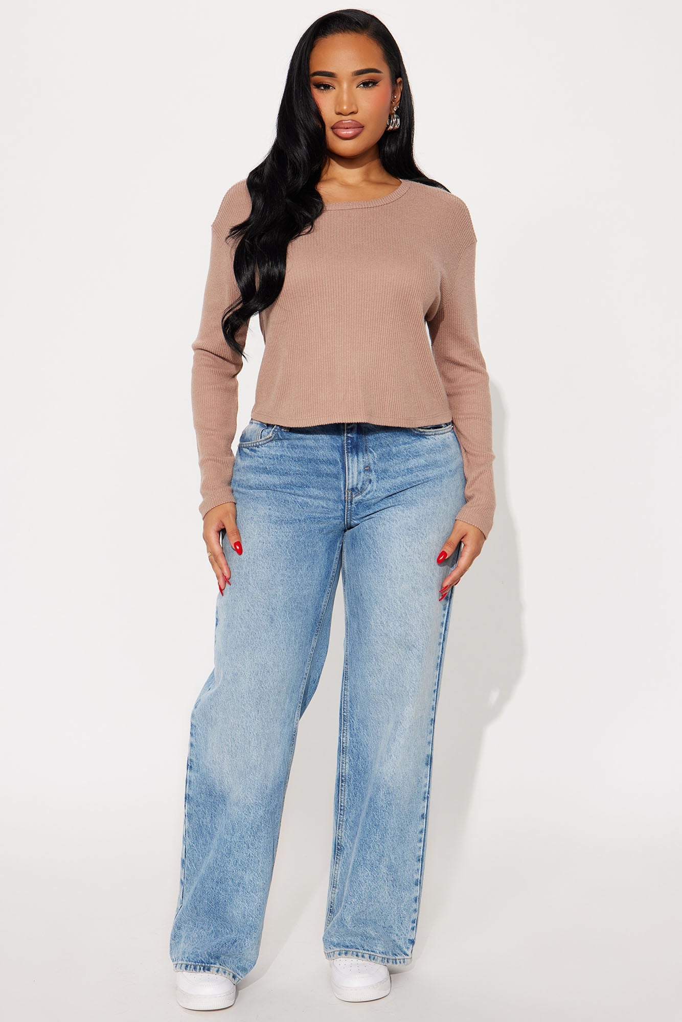 Odette Crew Neck Hacci Long Sleeve Top - Taupe
