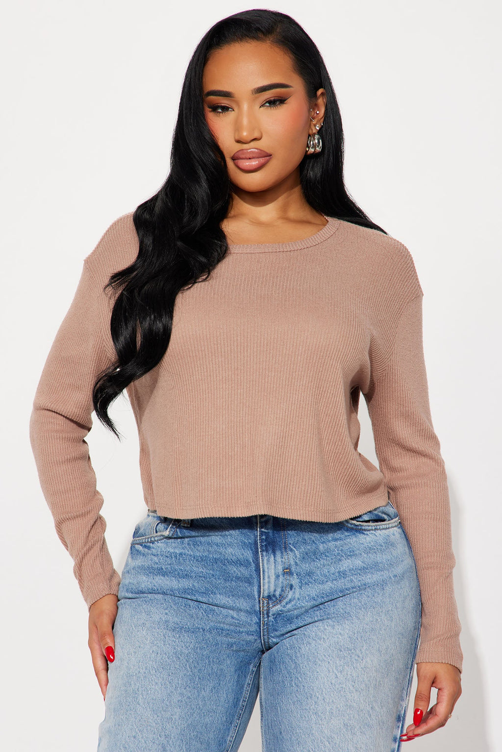 Odette Crew Neck Hacci Long Sleeve Top - Taupe