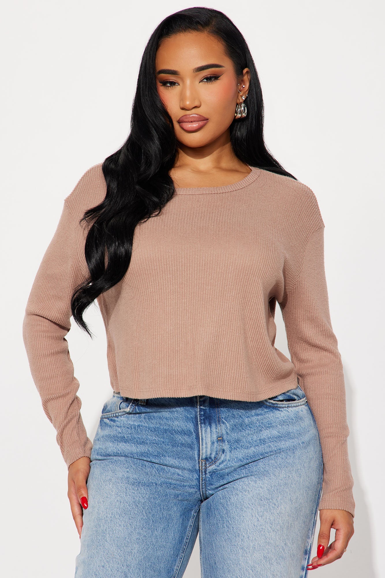 Odette Crew Neck Hacci Long Sleeve Top - Taupe