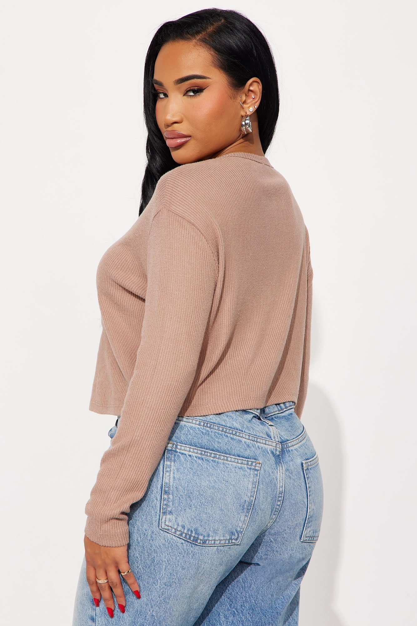 Odette Crew Neck Hacci Long Sleeve Top - Taupe