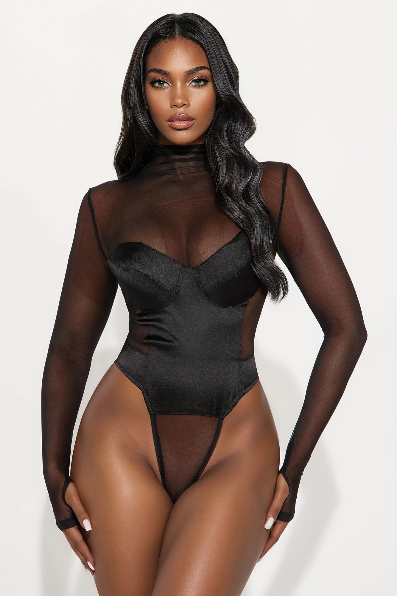 Caught On Camera Satin Bodysuit Skirt Set - Black 