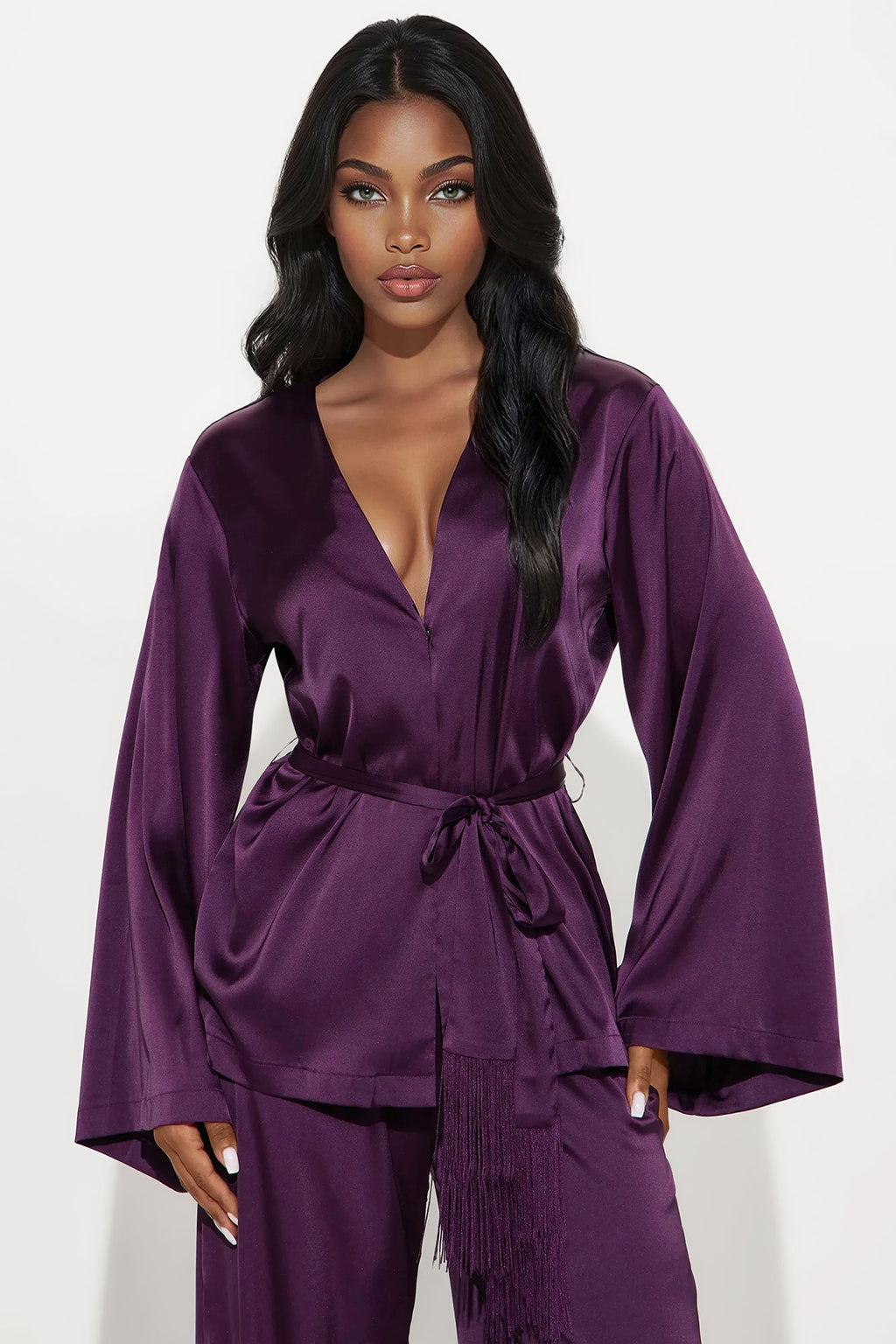 Make It Easy Satin Tie Waist Pant Set - Eggplant 