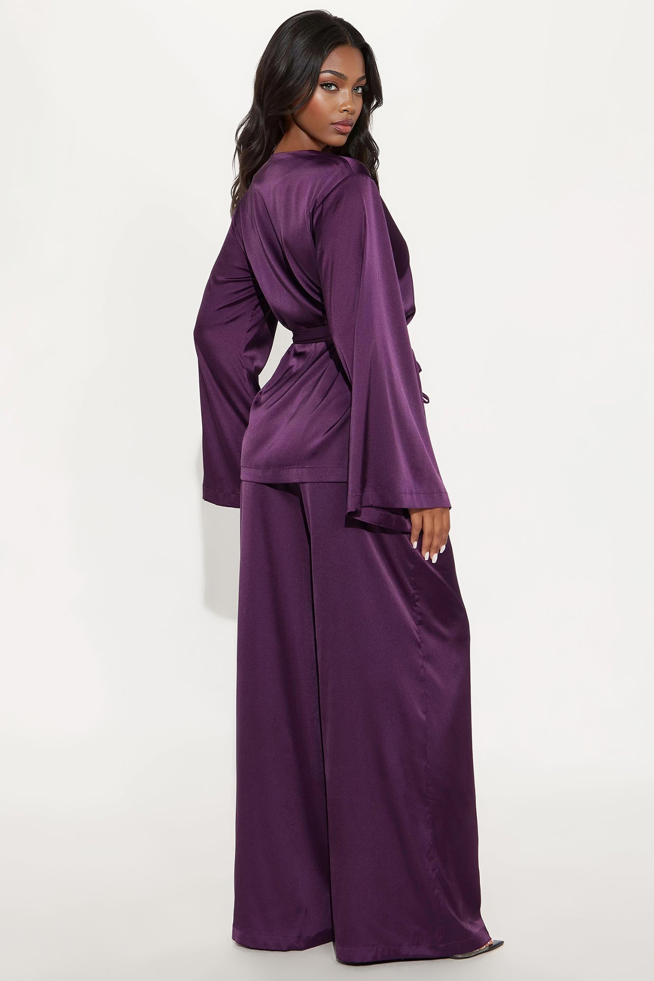 Make It Easy Satin Tie Waist Pant Set - Eggplant 