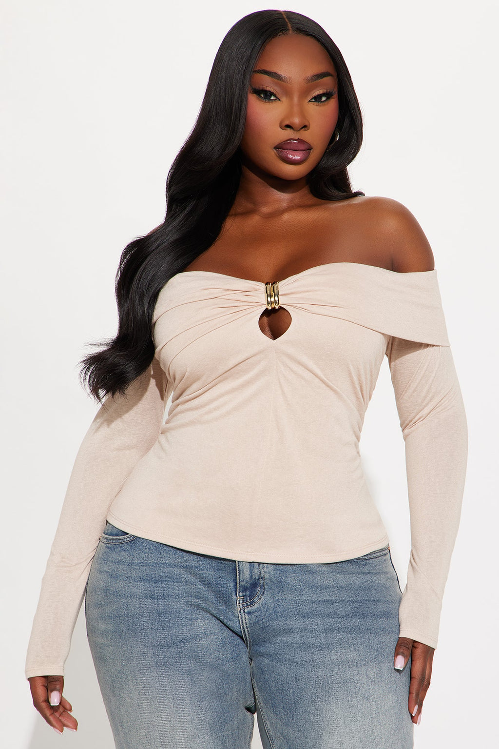 Minerva Ruched Long Sleeve Off Shoulder Top - Cream