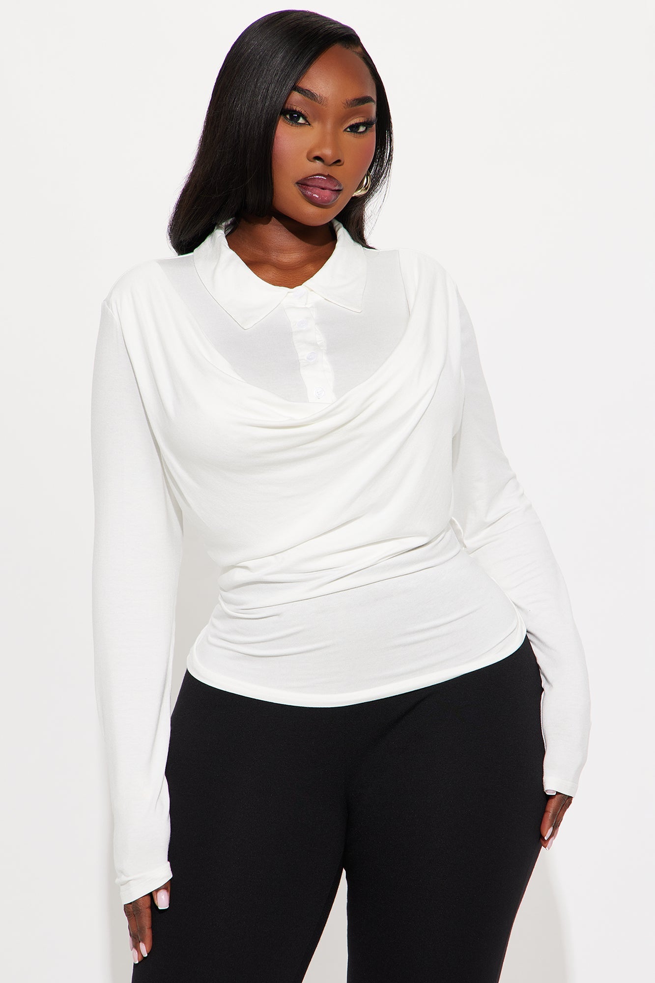 Glinda Long Sleeve Draped Top - Ivory