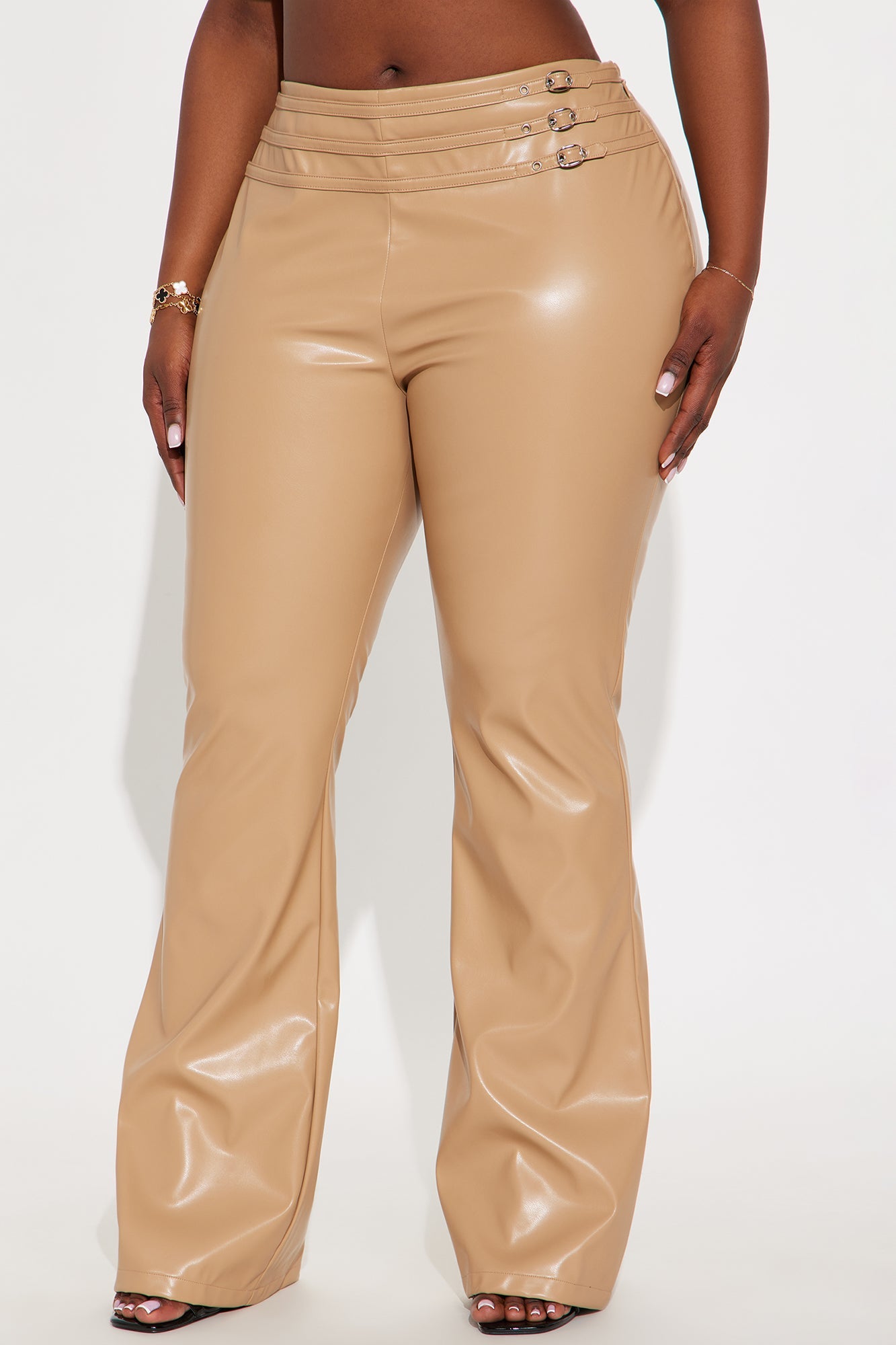 Finessed Faux Leather Flare Pant 33″ - Camel