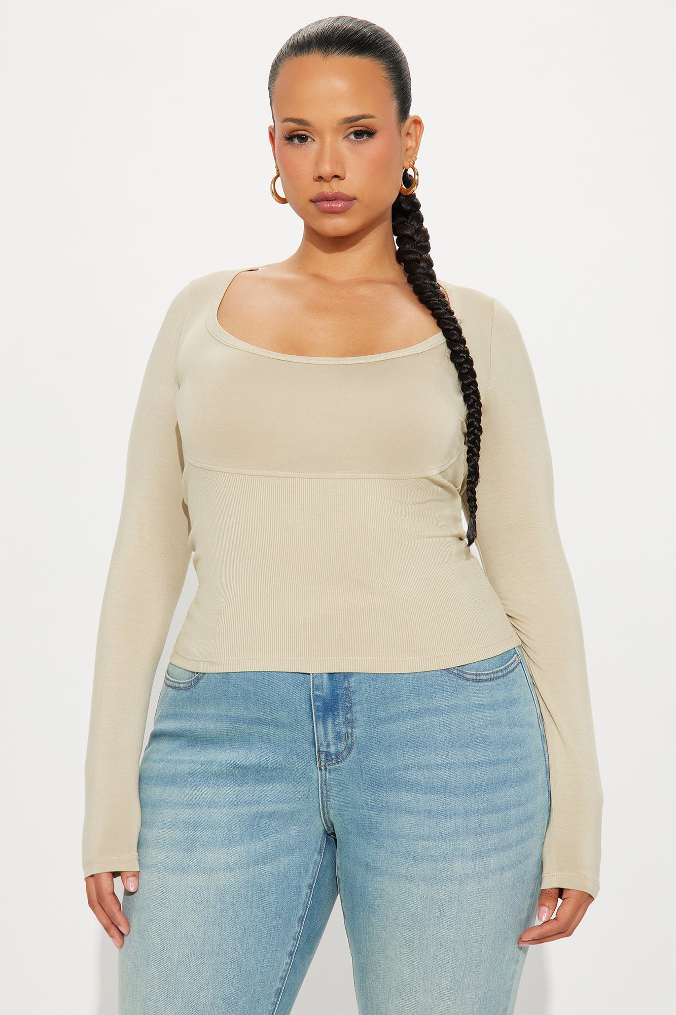 Evolet Long Sleeve Ribbed Top - Stone