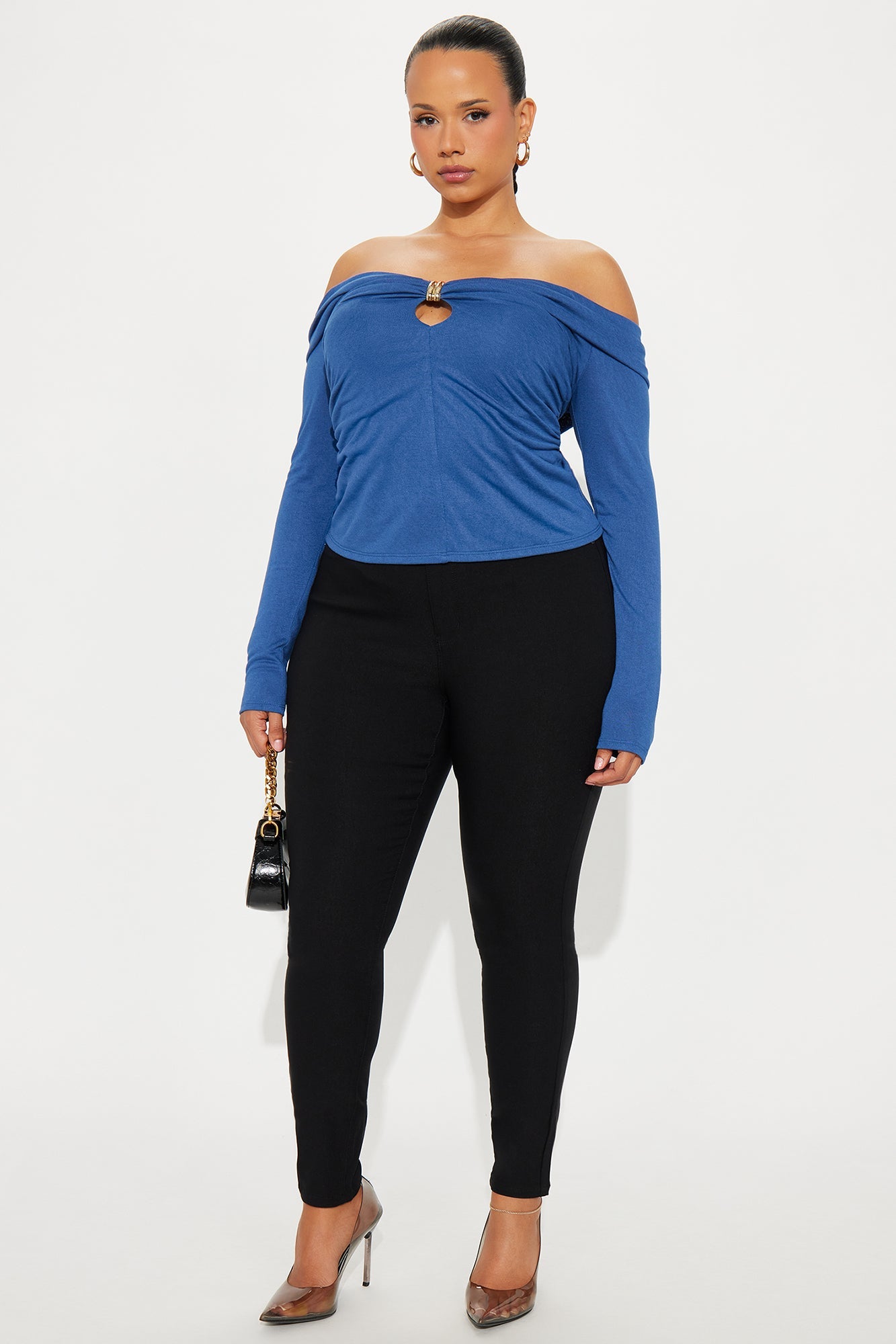 Minerva Ruched Long Sleeve Off Shoulder Top - Royal