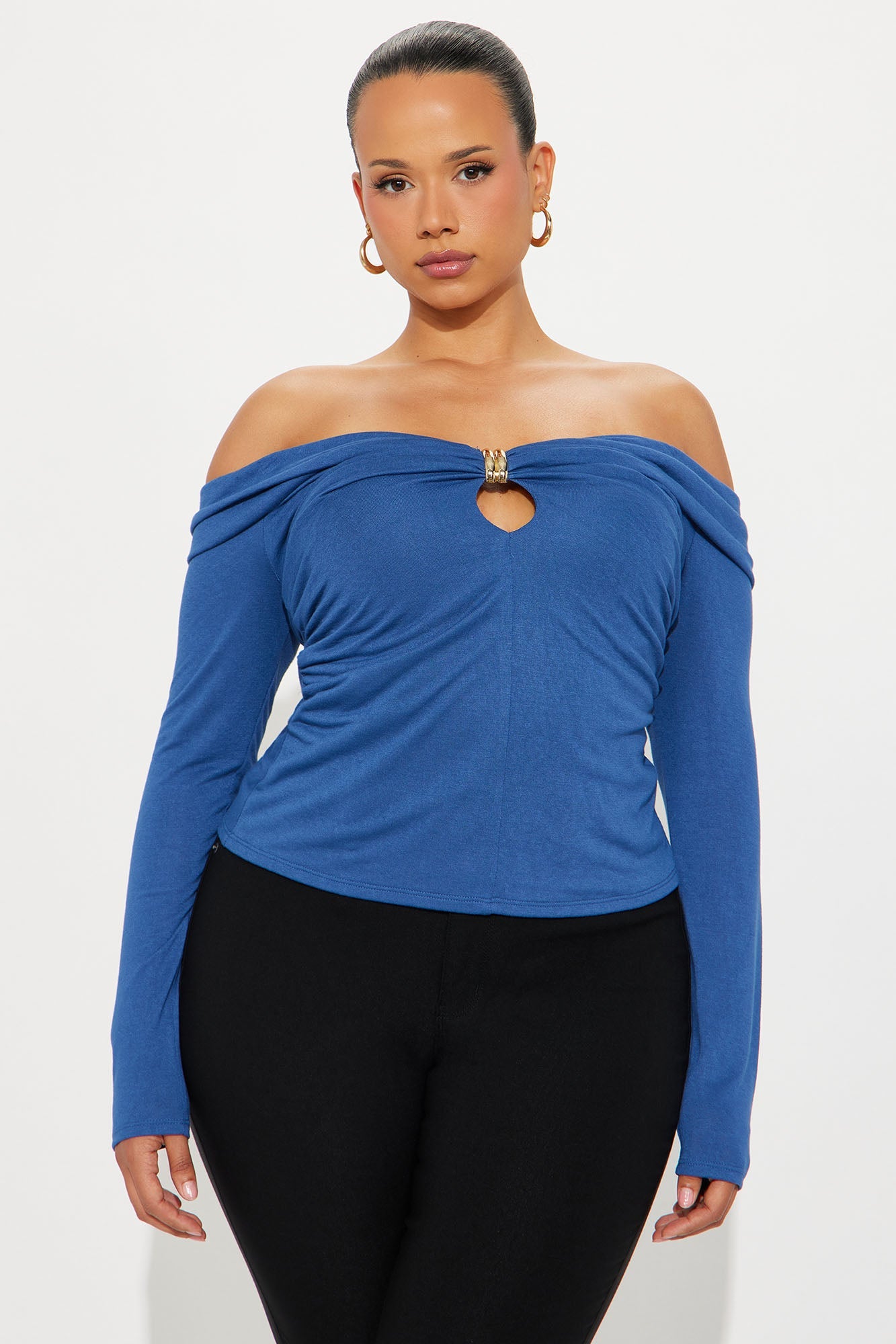 Minerva Ruched Long Sleeve Off Shoulder Top - Royal