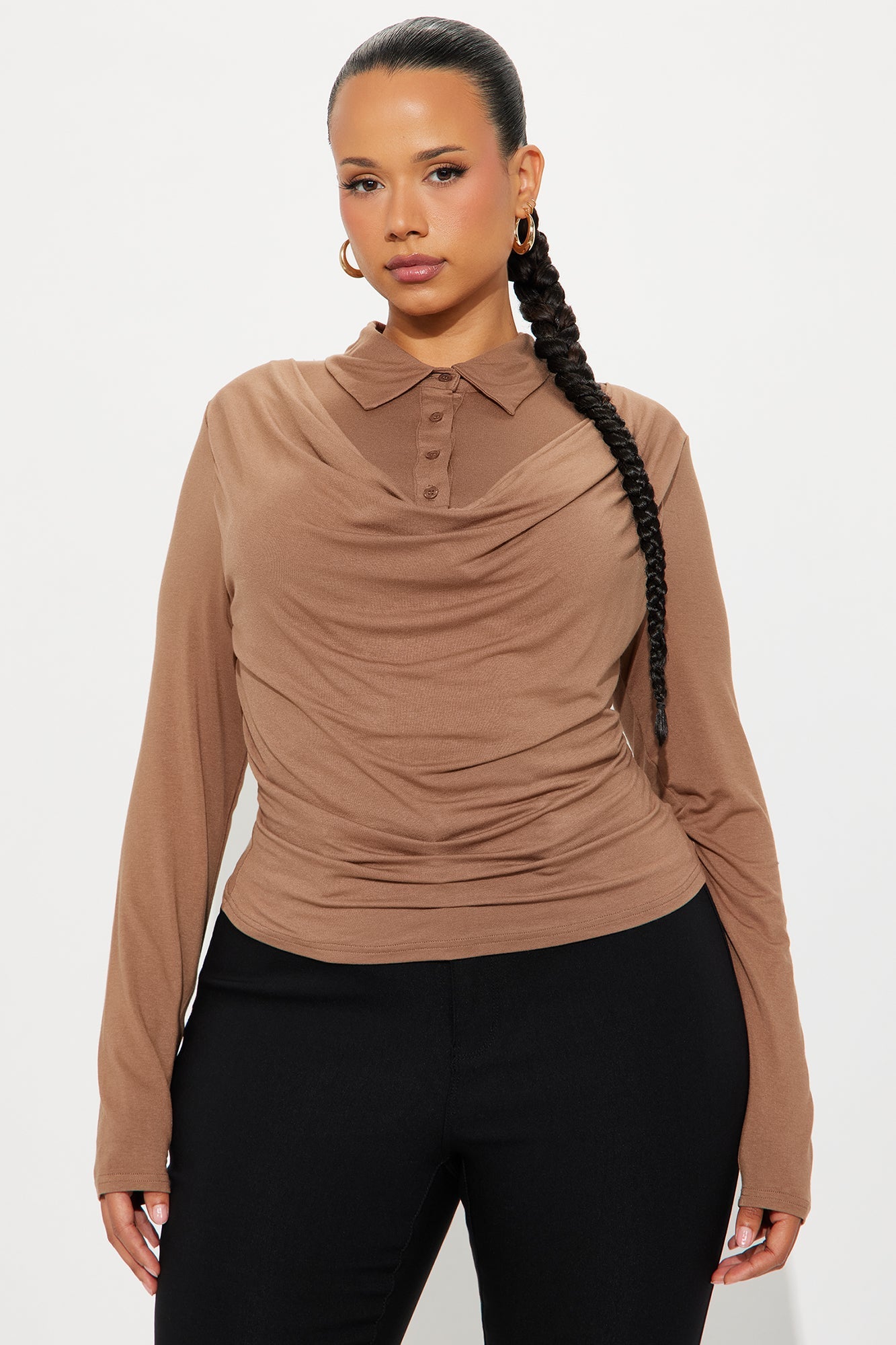 Glinda Long Sleeve Draped Top - Mocha
