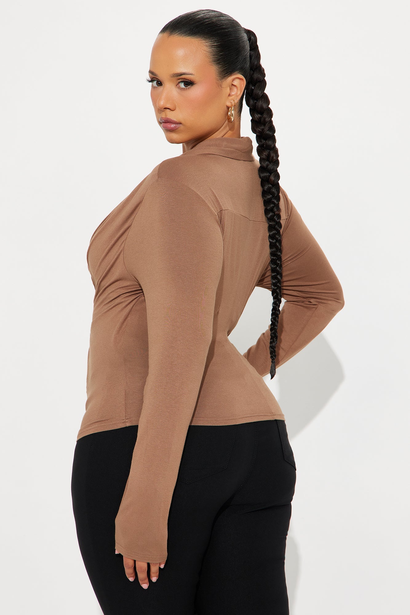 Glinda Long Sleeve Draped Top - Mocha
