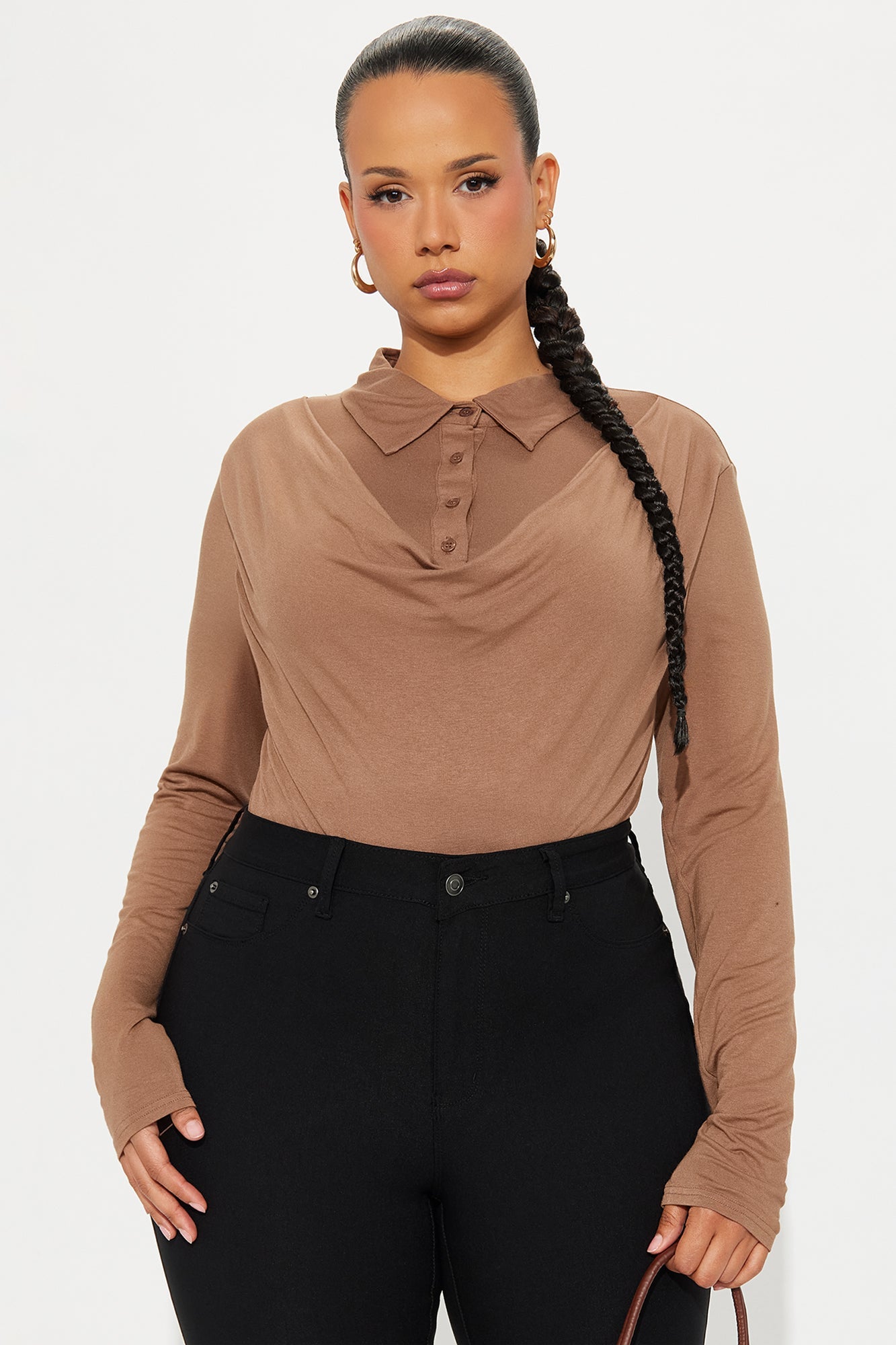 Glinda Long Sleeve Draped Top - Mocha