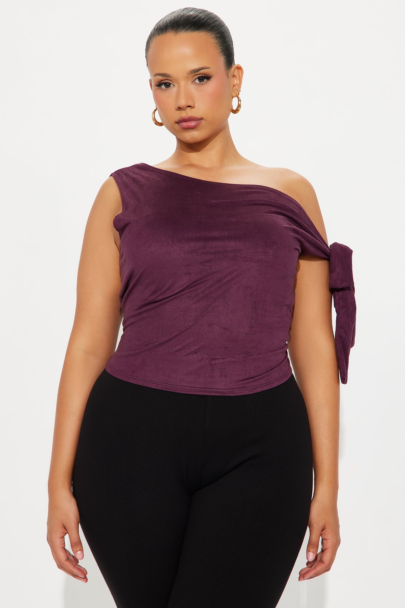 Rilla Off Shoulder Faux Suede Top - Eggplant