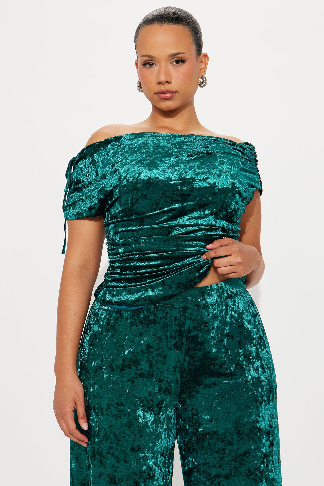 Estella Off Shoulder Velvet Pant Set - Emerald 