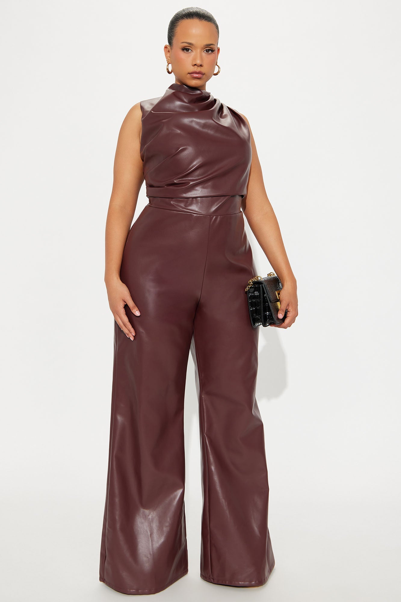 Isadora Faux Leather Wide Leg Jumpsuit - Burgundy
