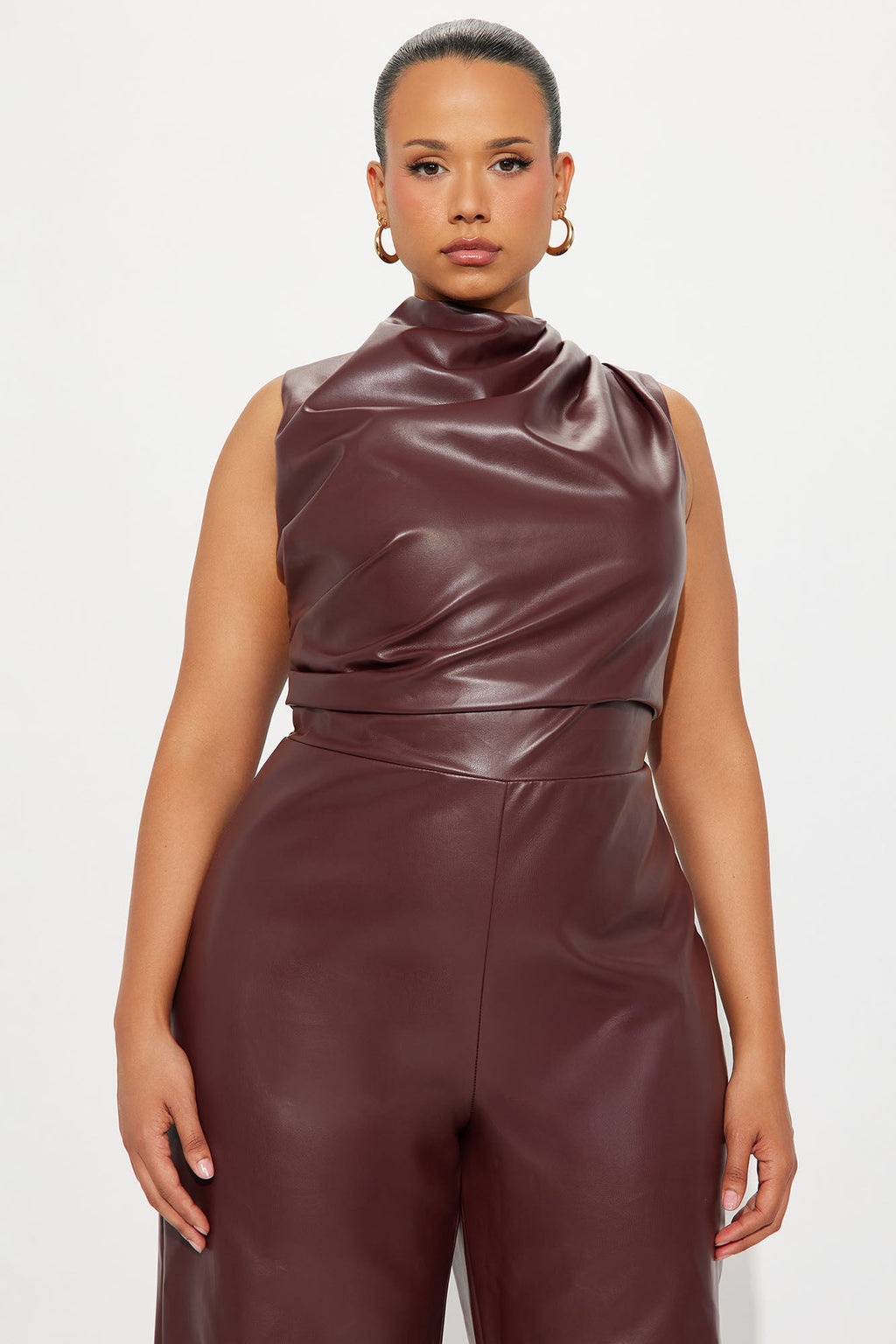 Isadora Faux Leather Wide Leg Jumpsuit - Burgundy