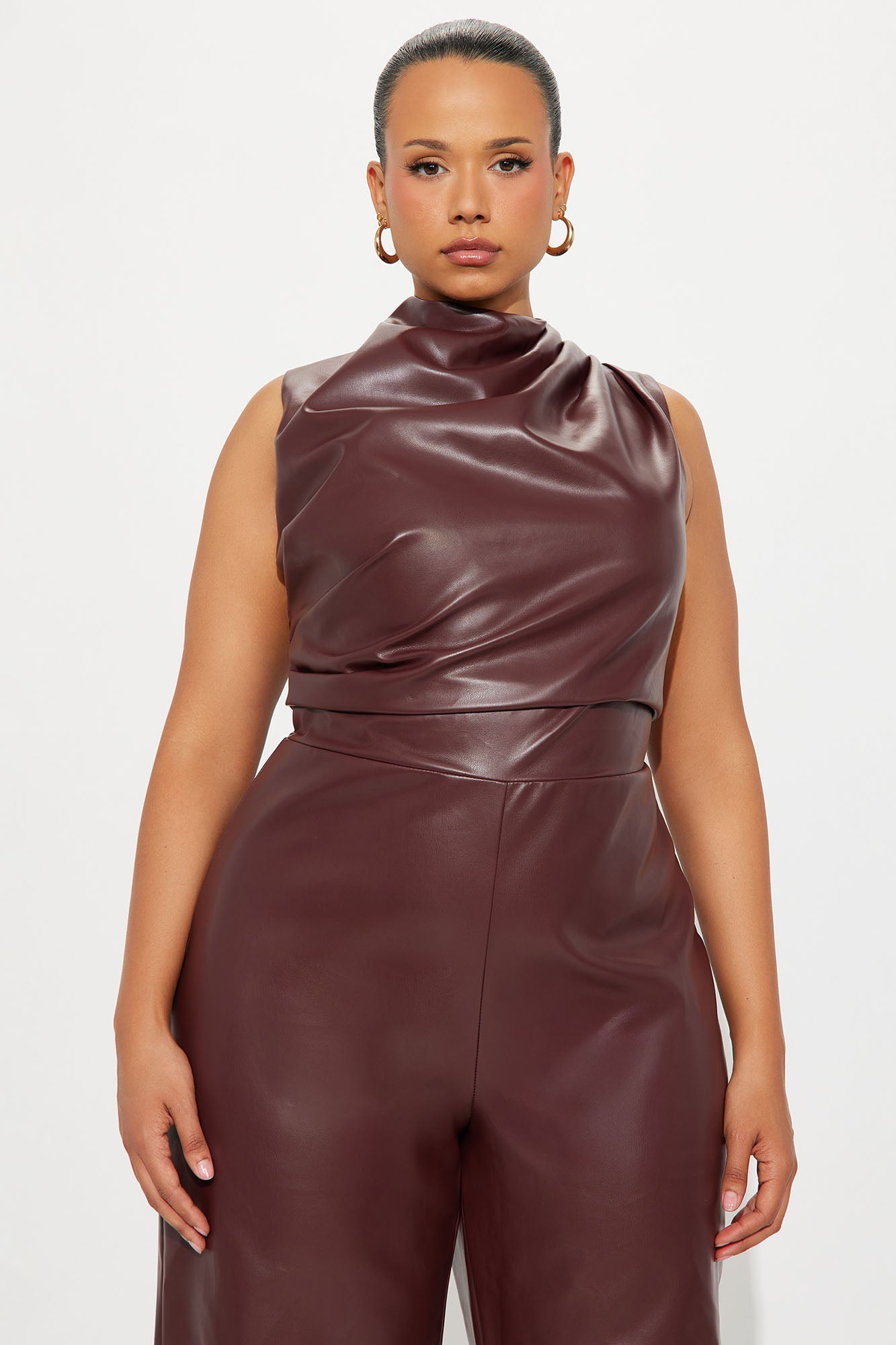 Isadora Faux Leather Wide Leg Jumpsuit - Burgundy