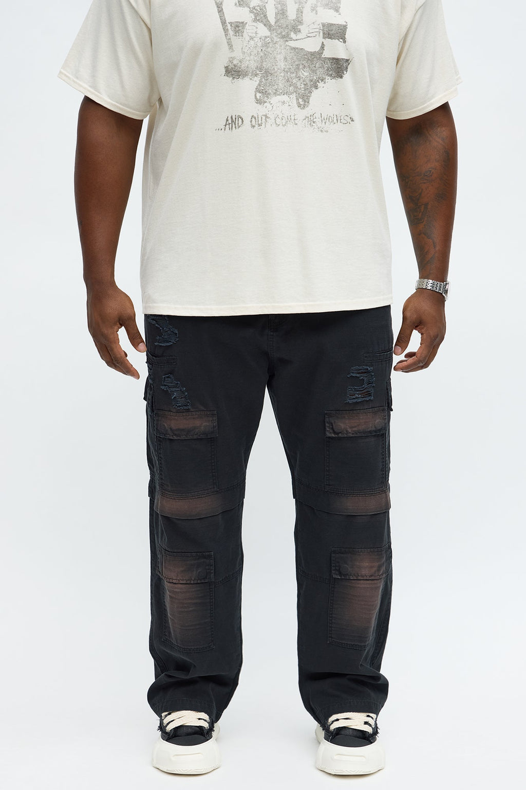 Baggy Burn It Up Distressed Cargo Pants - Black