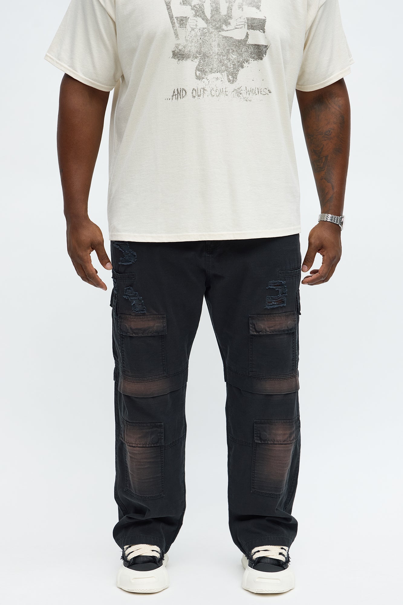Baggy Burn It Up Distressed Cargo Pants - Black