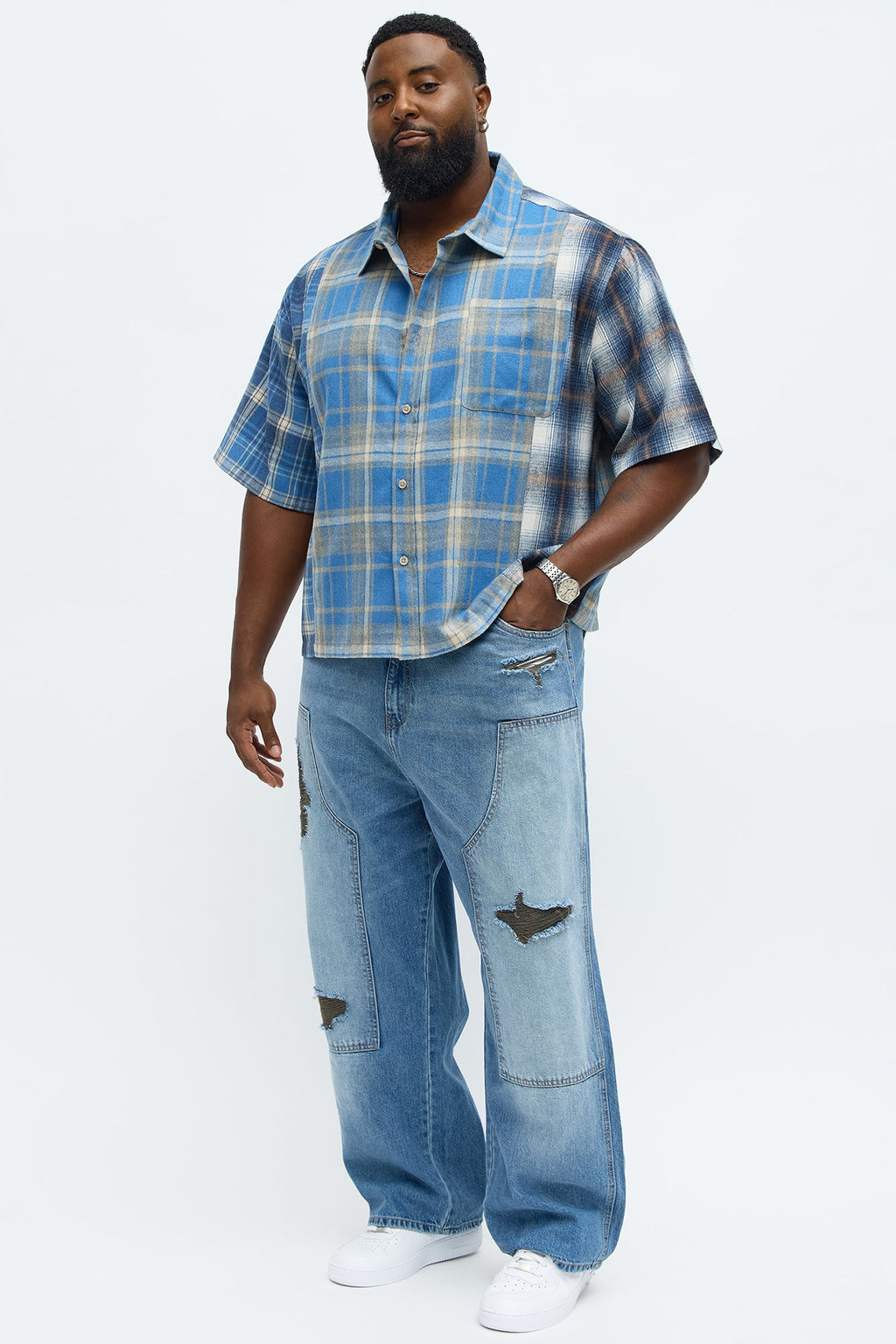 Cropped Patchwork Flannel Button Up - Blue/combo