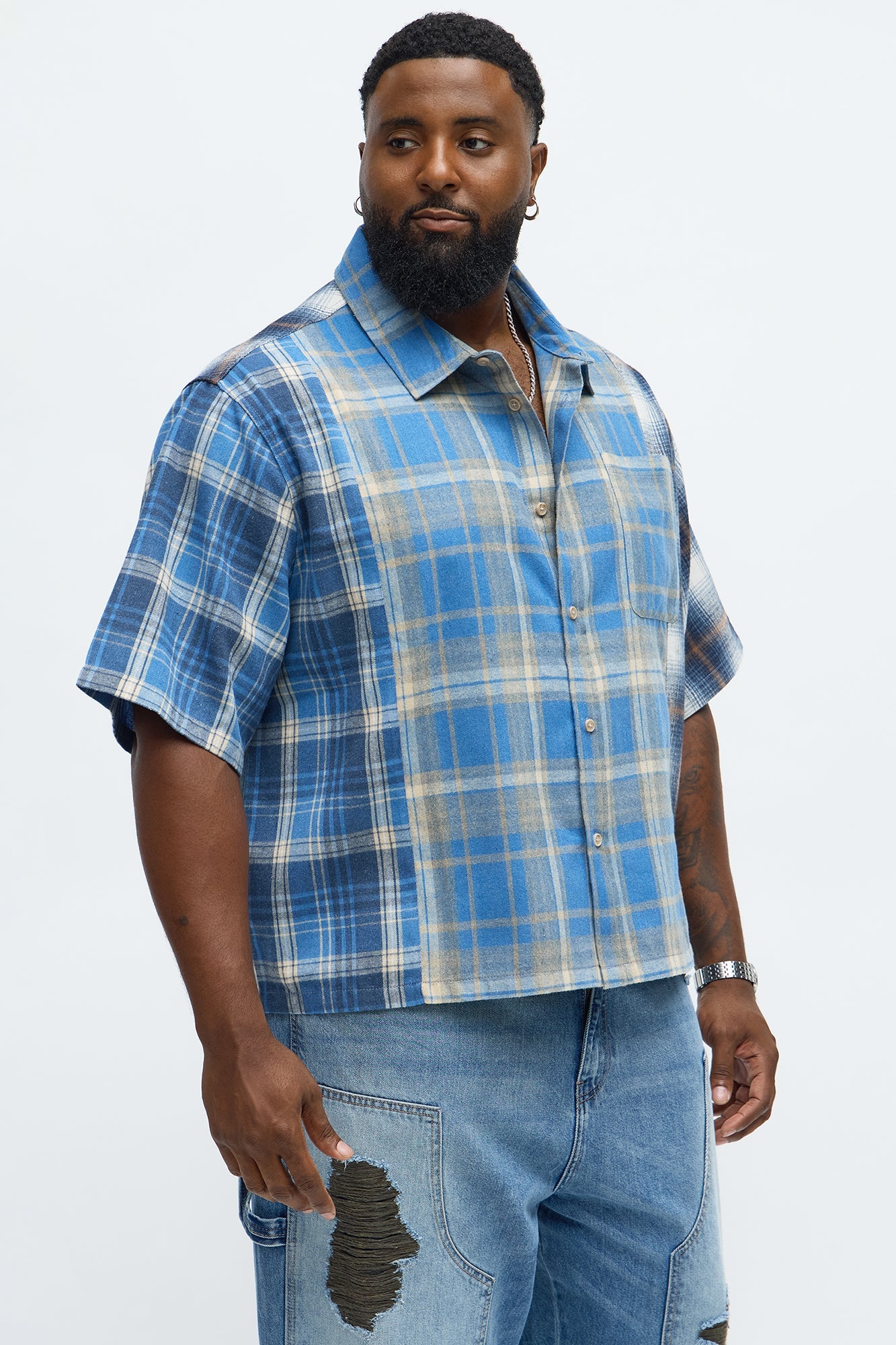 Cropped Patchwork Flannel Button Up - Blue/combo