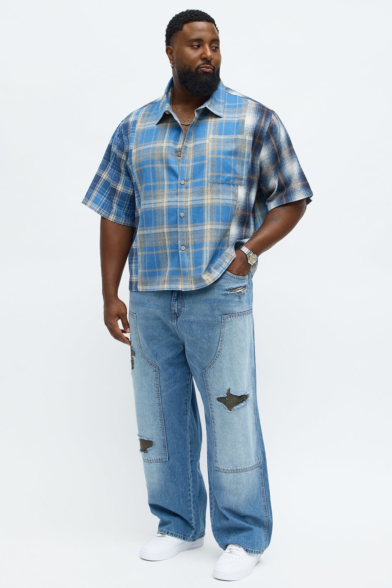 Baggy Contrast Distressed Carpenter Jeans - Medium Blue Wash